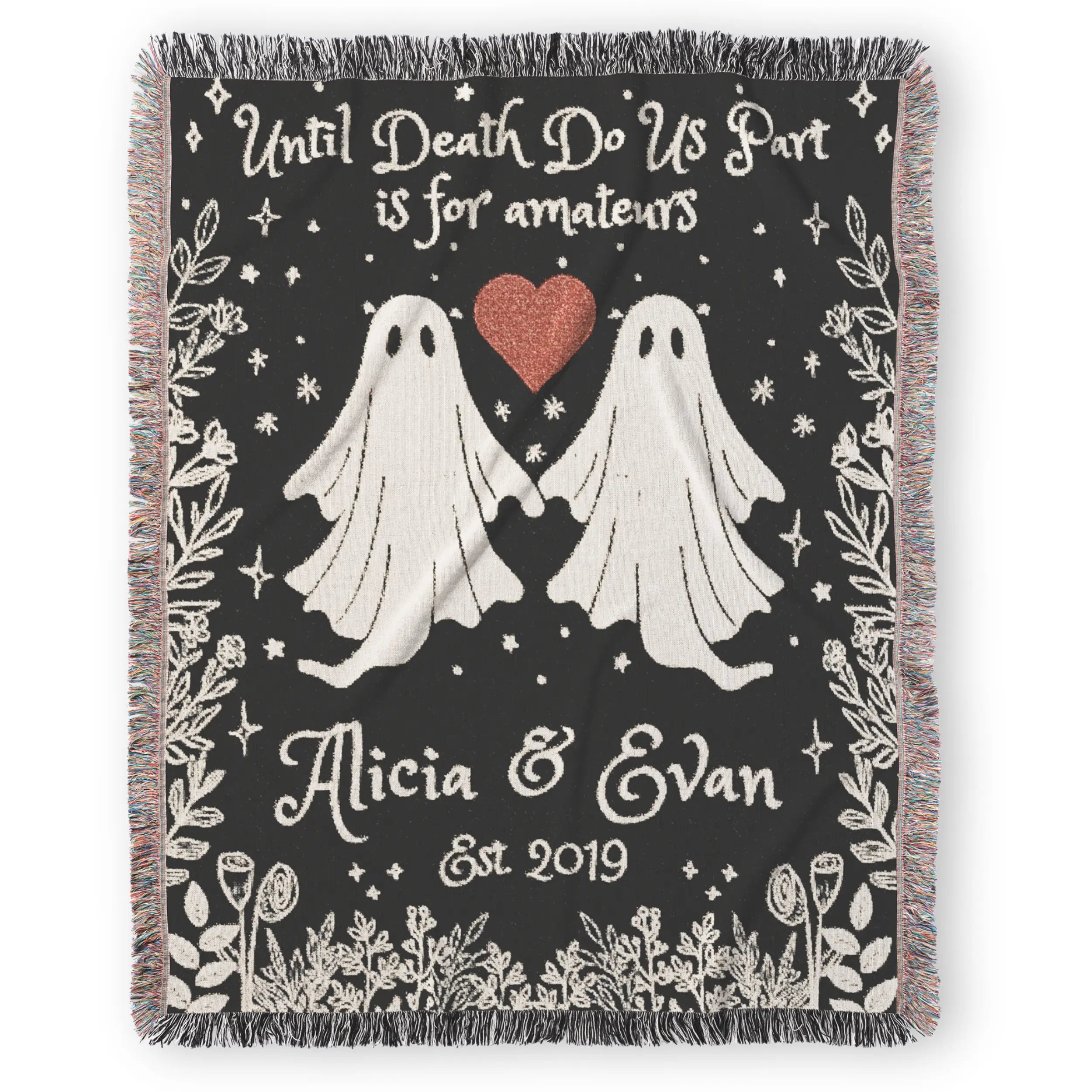 Personalized Ghost Couple Woven Blanket – Custom Names & Year Printify