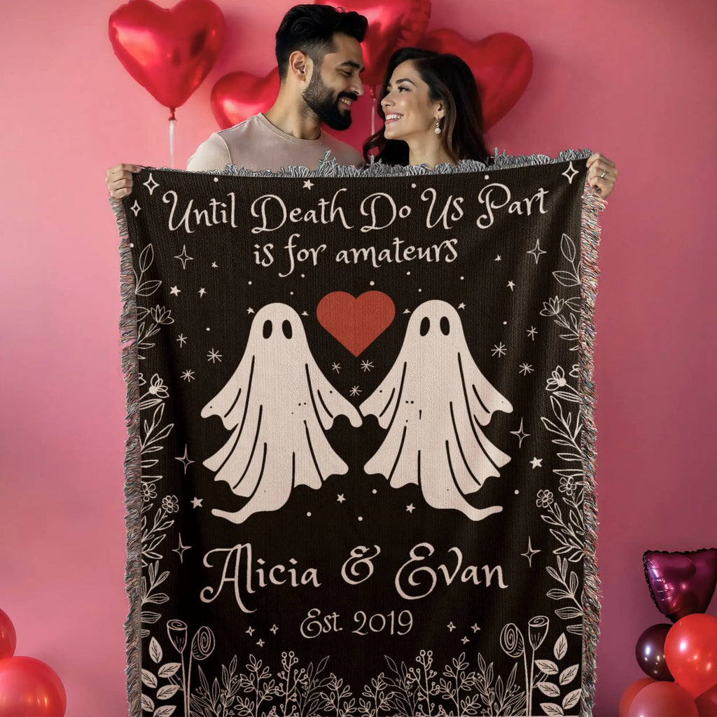 Personalized Ghost Couple Woven Blanket – Custom Names & Year Printify