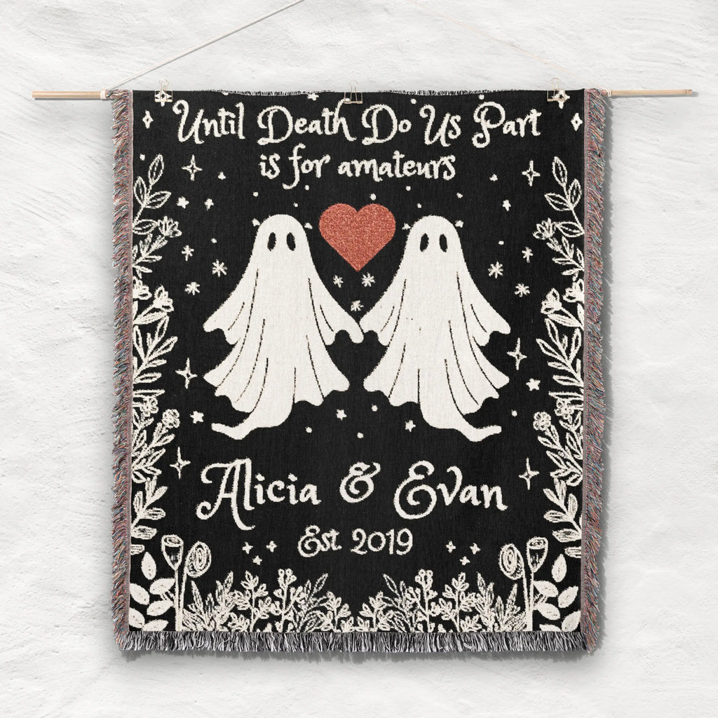 Personalized Ghost Couple Woven Blanket – Custom Names & Year Printify