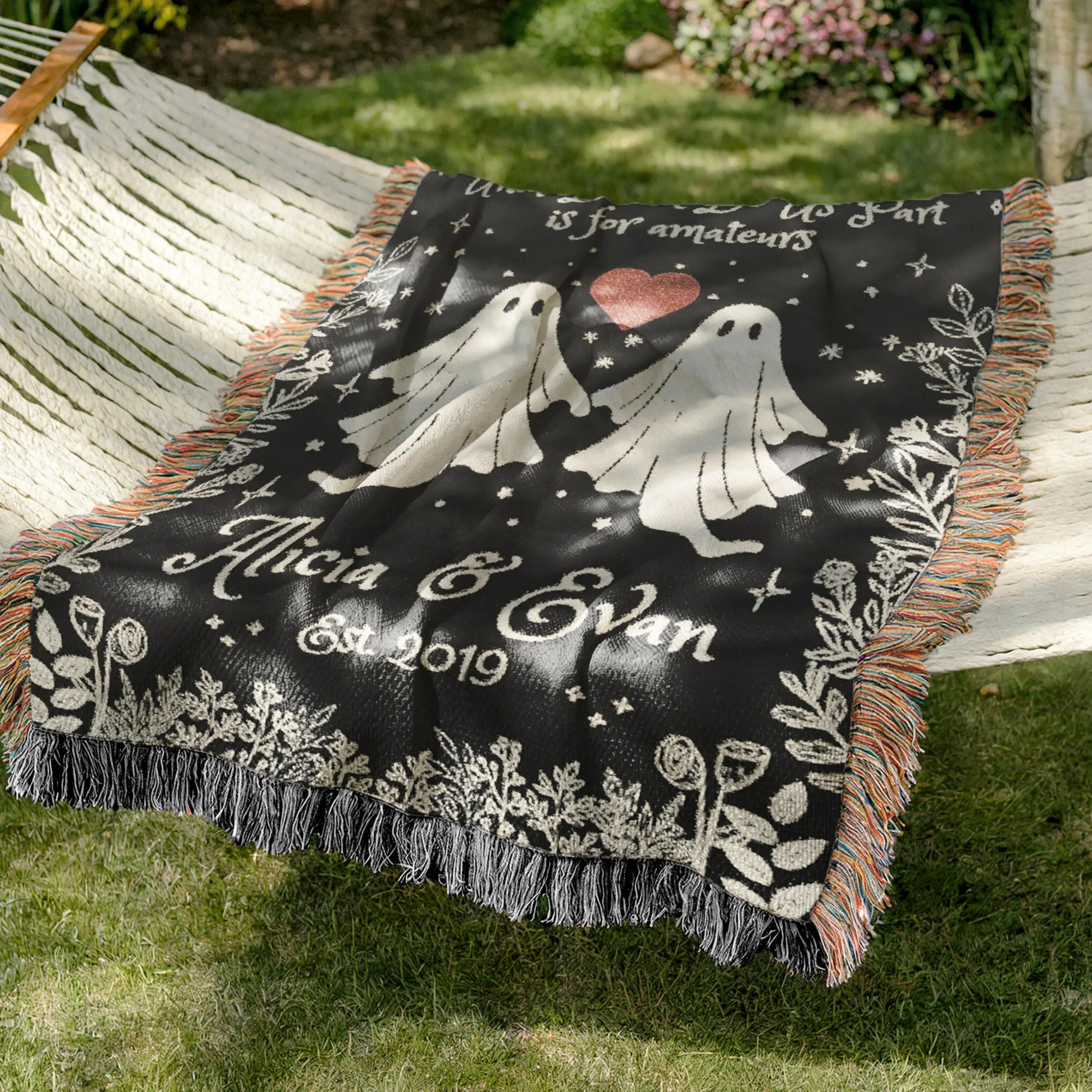 Personalized Ghost Couple Woven Blanket – Custom Names & Year Printify