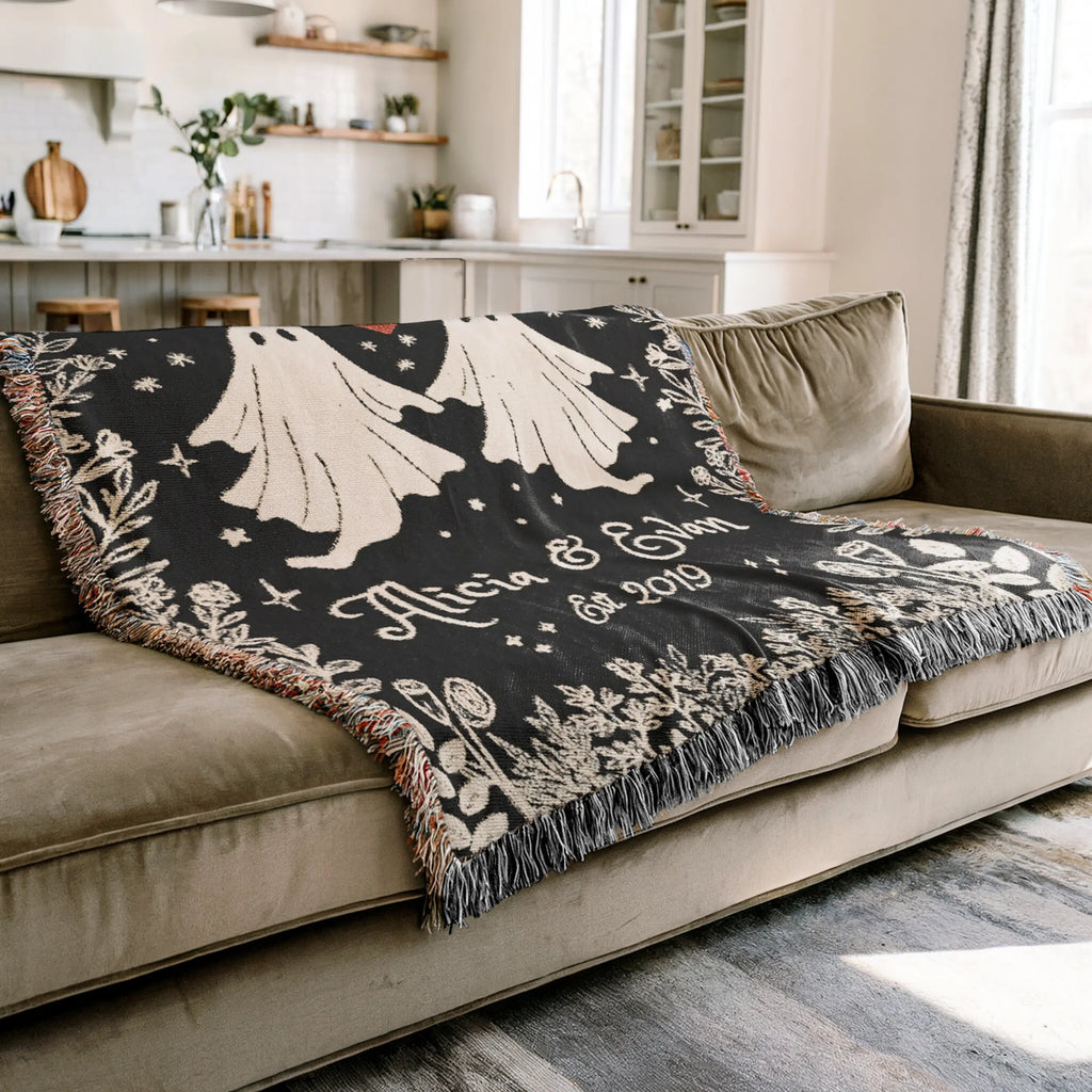Personalized Ghost Couple Woven Blanket – Custom Names & Year Printify