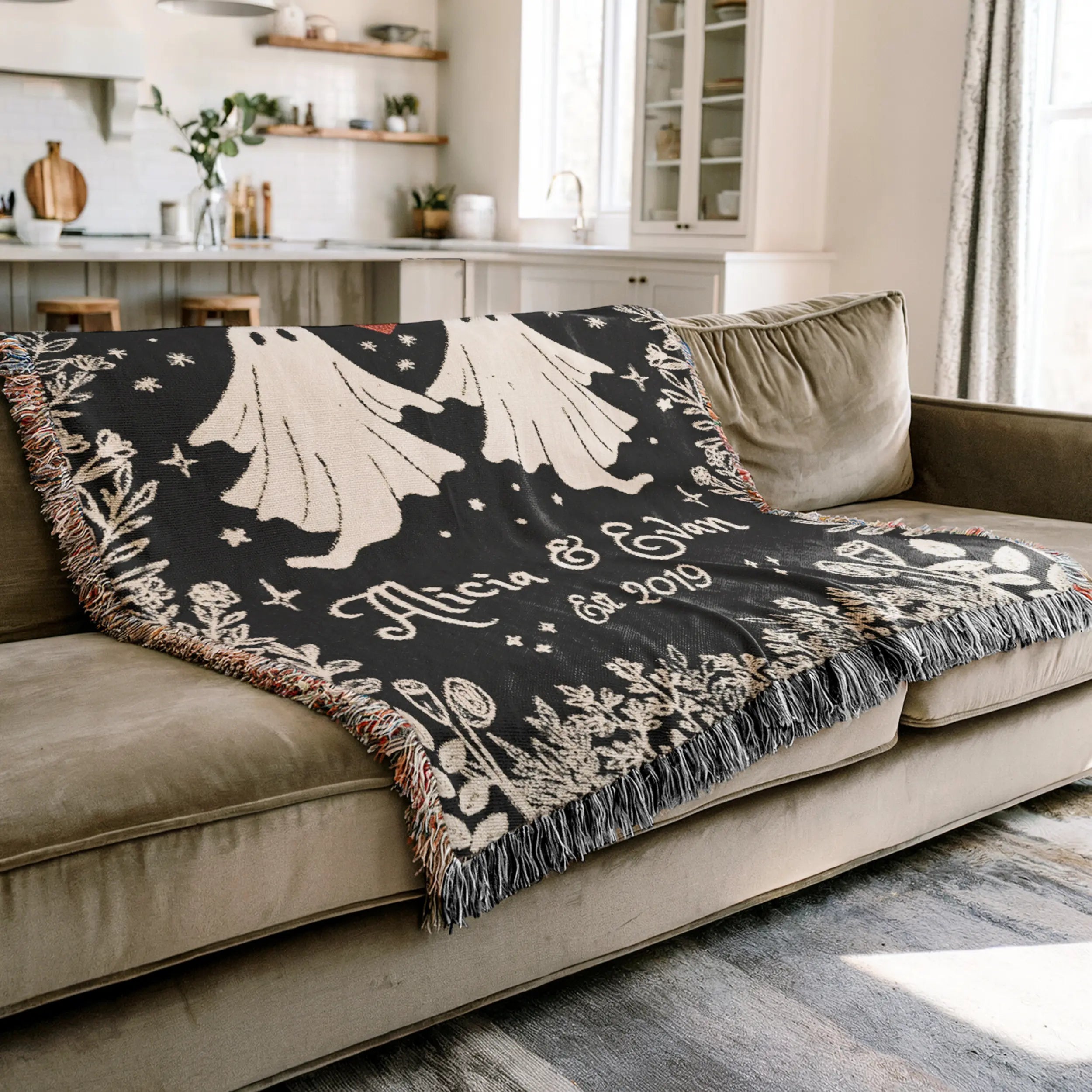 Personalized Ghost Couple Woven Blanket – Custom Names & Year Printify