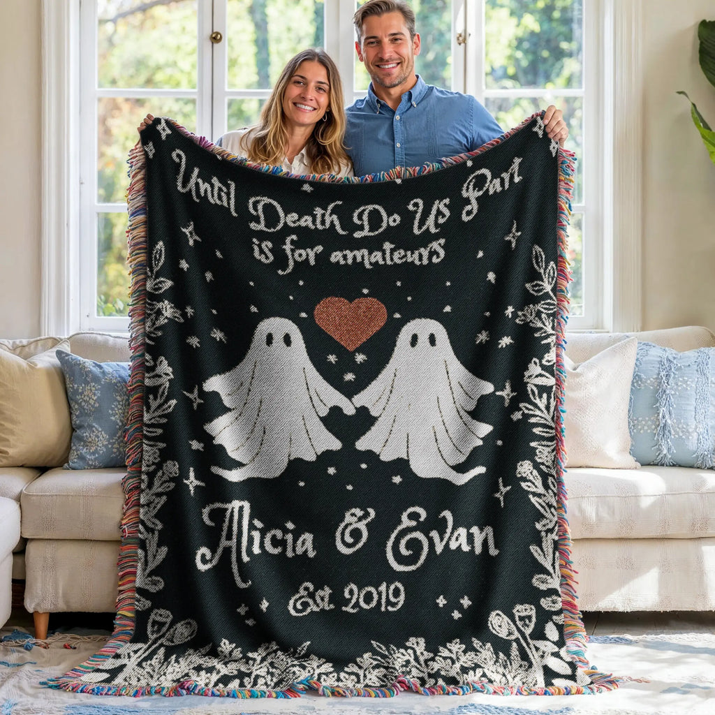 Personalized Ghost Couple Woven Blanket – Custom Names & Year Printify