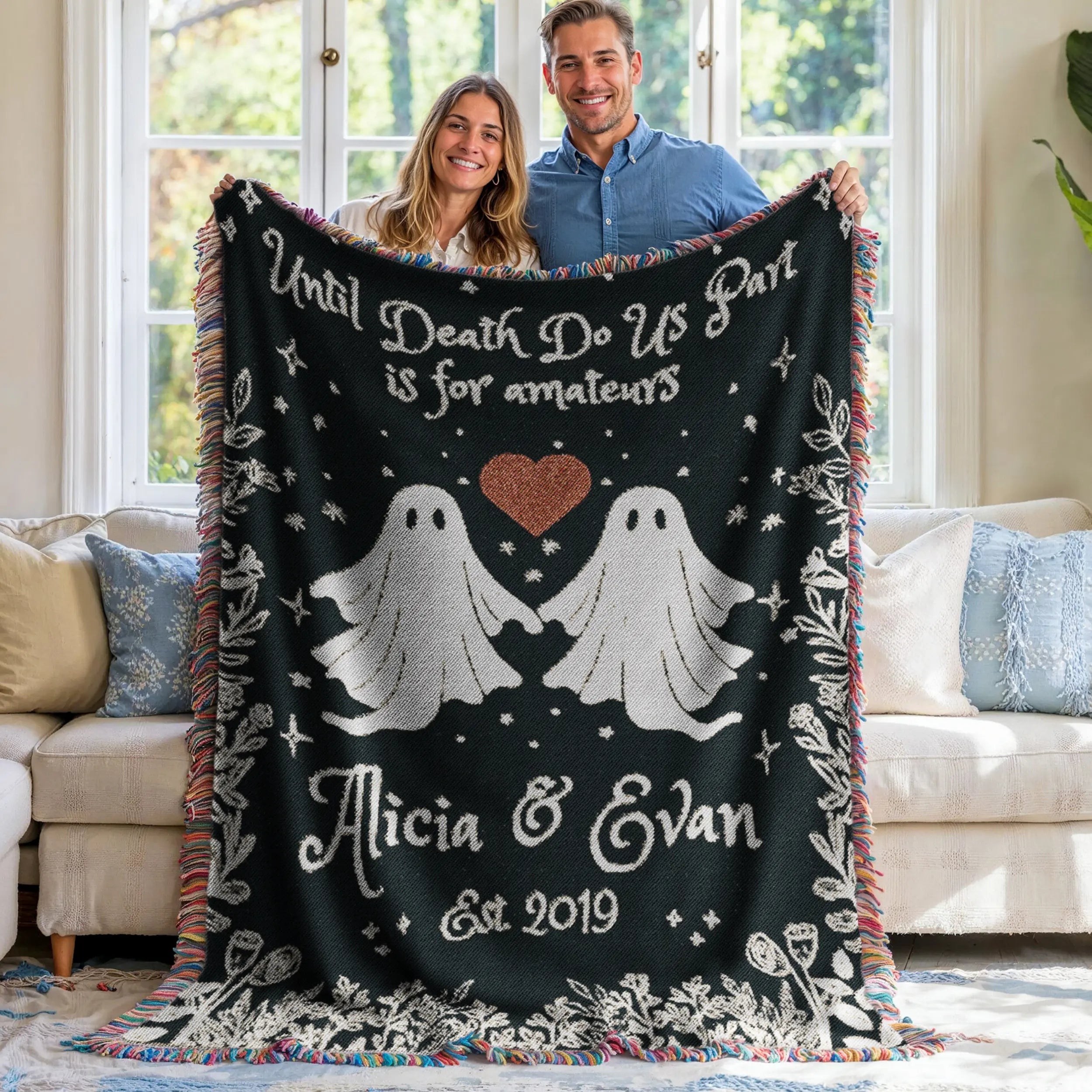 Personalized Ghost Couple Woven Blanket – Custom Names & Year Printify