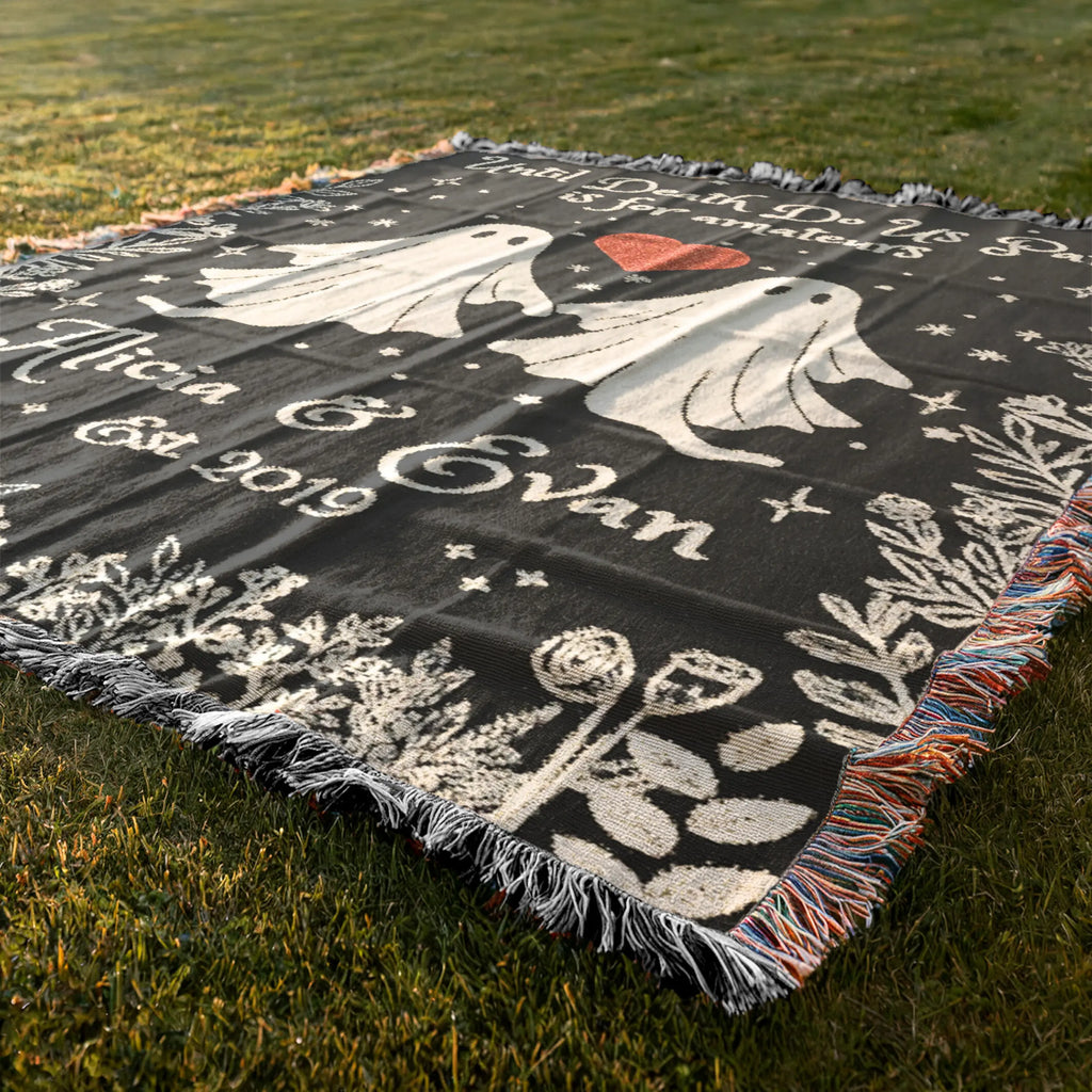 Personalized Ghost Couple Woven Blanket – Custom Names & Year Printify