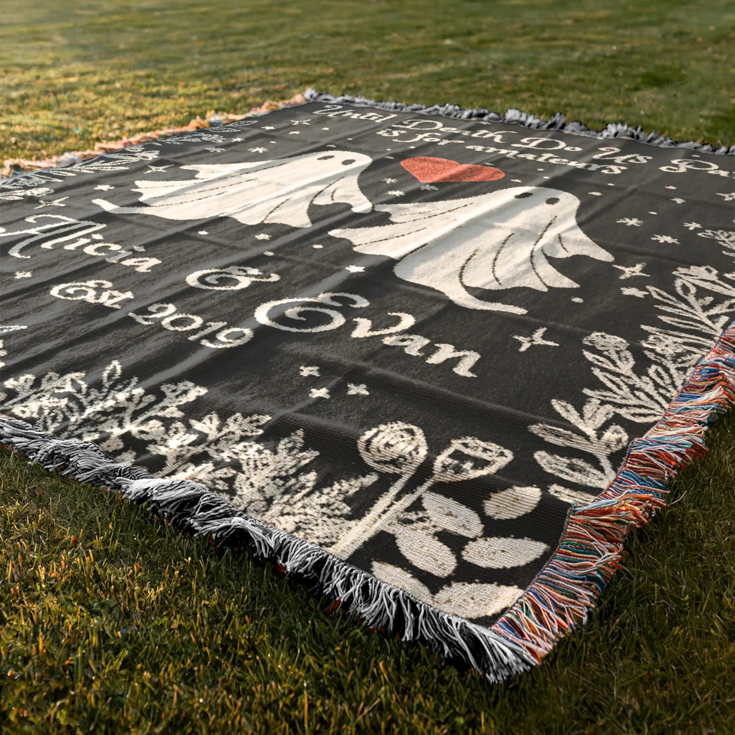 Personalized Ghost Couple Woven Blanket – Custom Names & Year Printify
