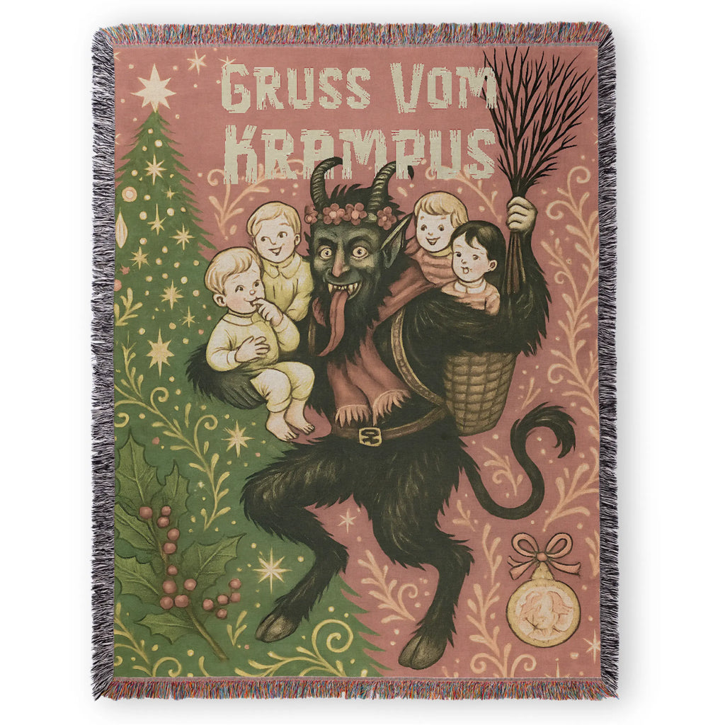 Vintage Krampus Holiday Woven Blanket – Retro Christmas Throw Printify