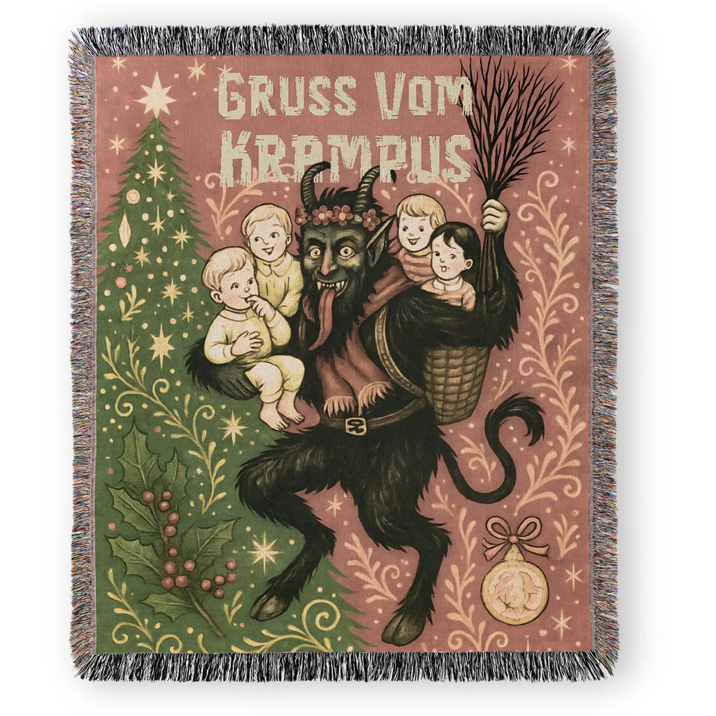 Vintage Krampus Holiday Woven Blanket – Retro Christmas Throw Printify