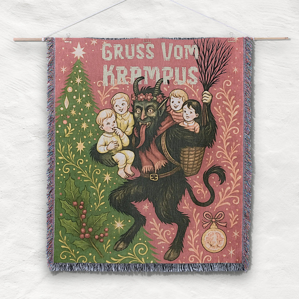 Vintage Krampus Holiday Woven Blanket – Retro Christmas Throw Printify