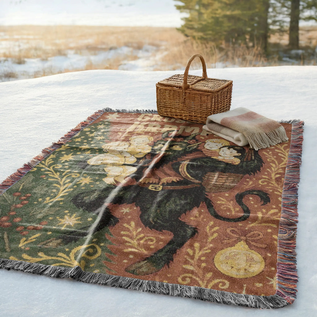 Vintage Krampus Holiday Woven Blanket – Retro Christmas Throw Printify