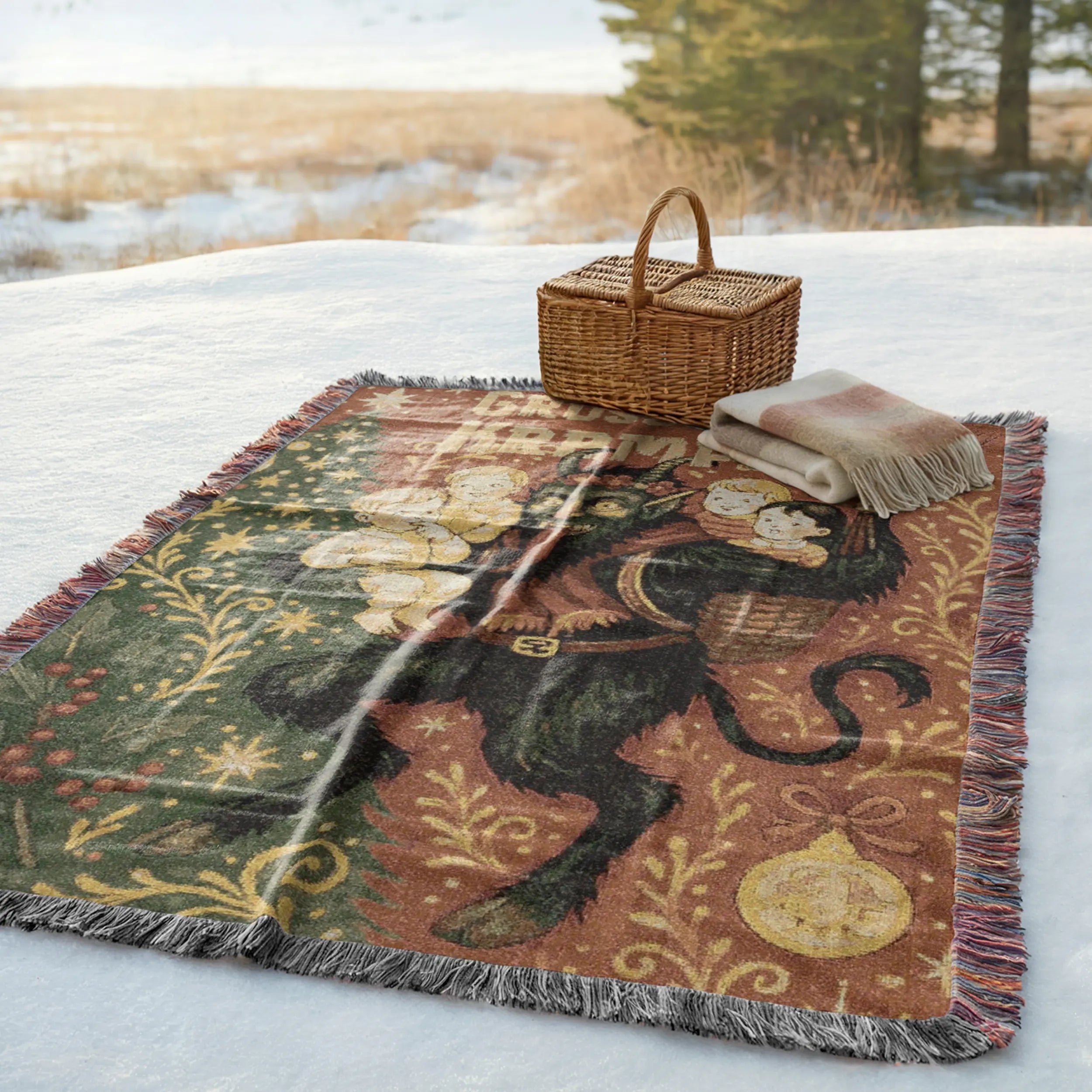 Vintage Krampus Holiday Woven Blanket – Retro Christmas Throw Printify