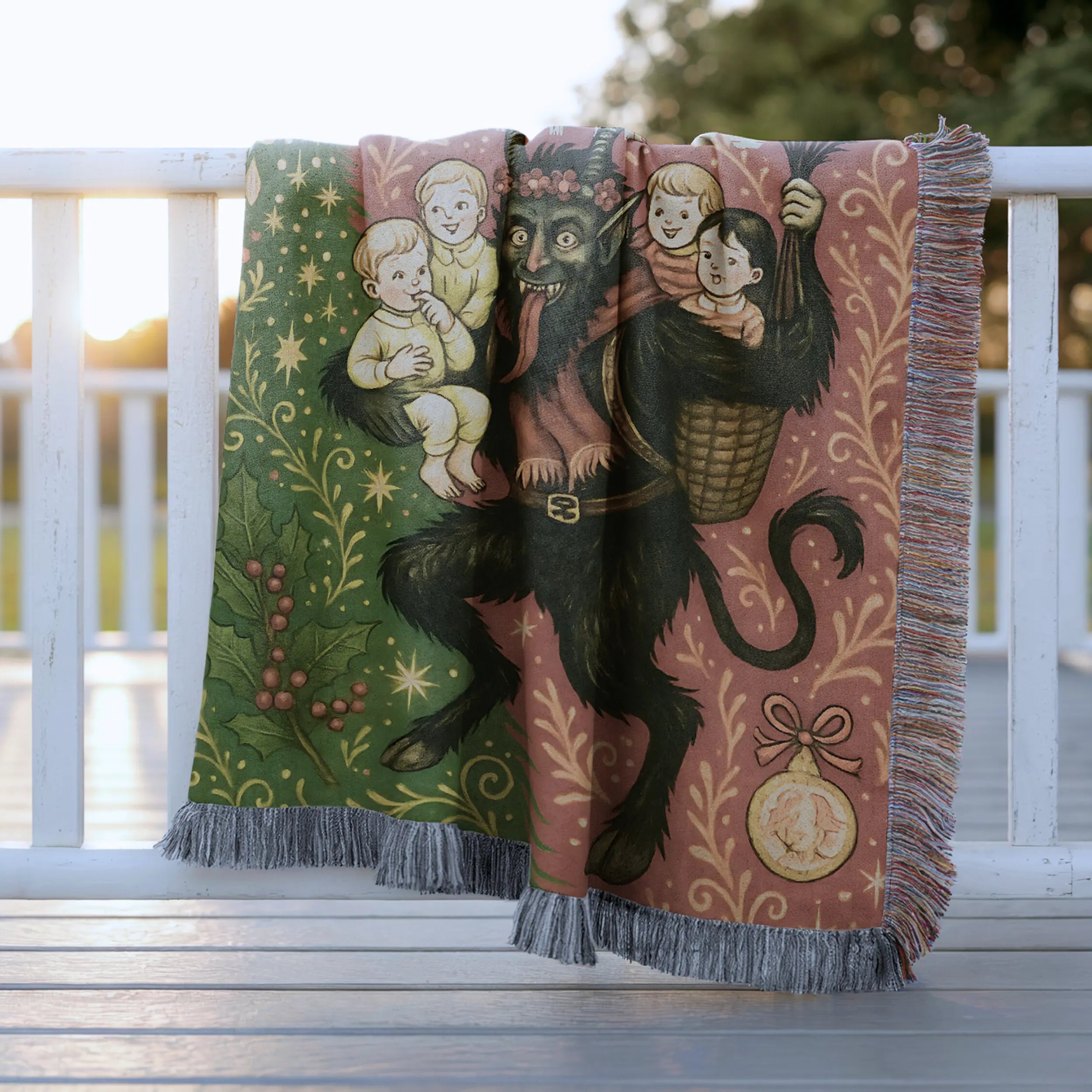 Vintage Krampus Holiday Woven Blanket – Retro Christmas Throw Printify
