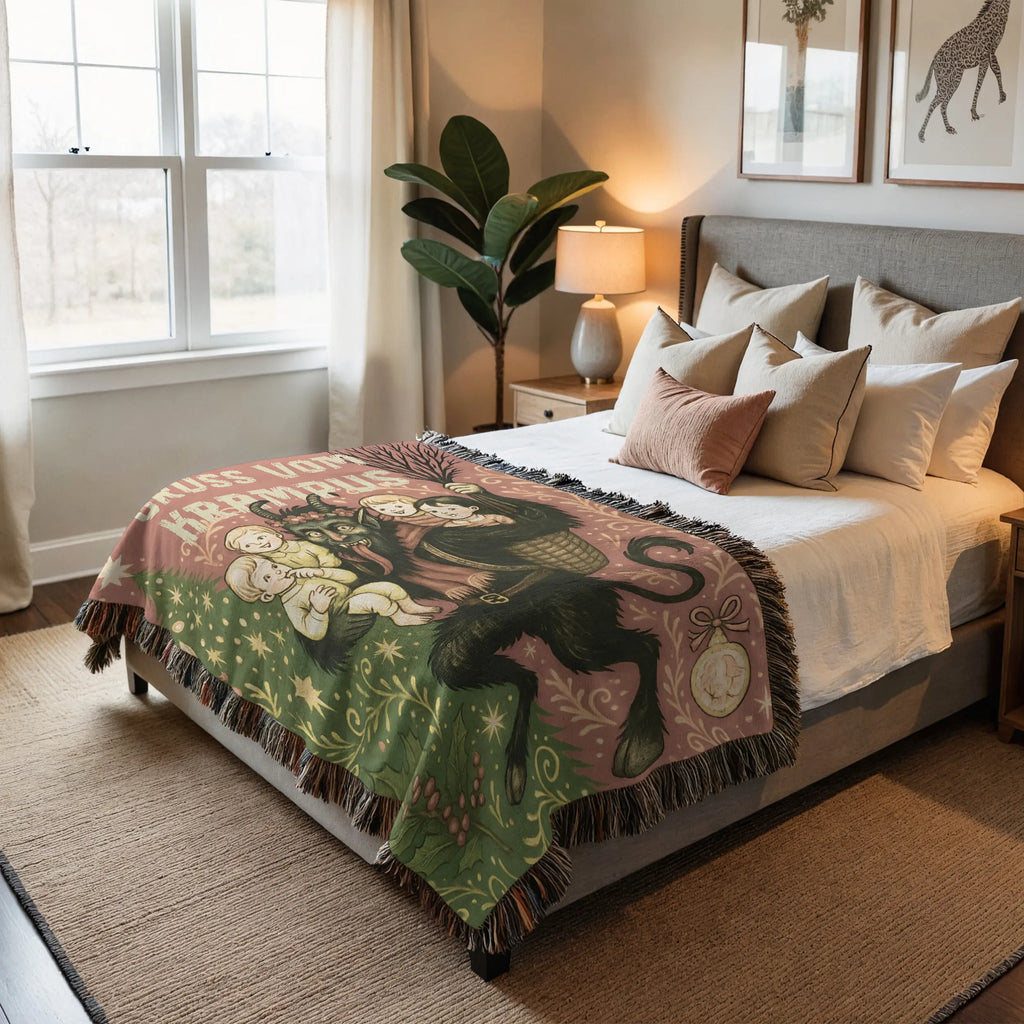 Vintage Krampus Holiday Woven Blanket – Retro Christmas Throw Printify