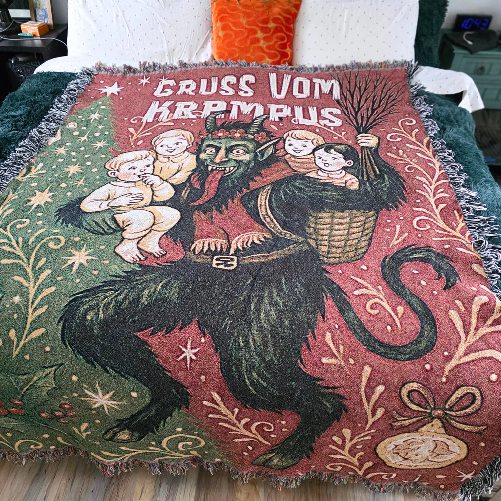Vintage Krampus Holiday Woven Blanket – Retro Christmas Throw Printify