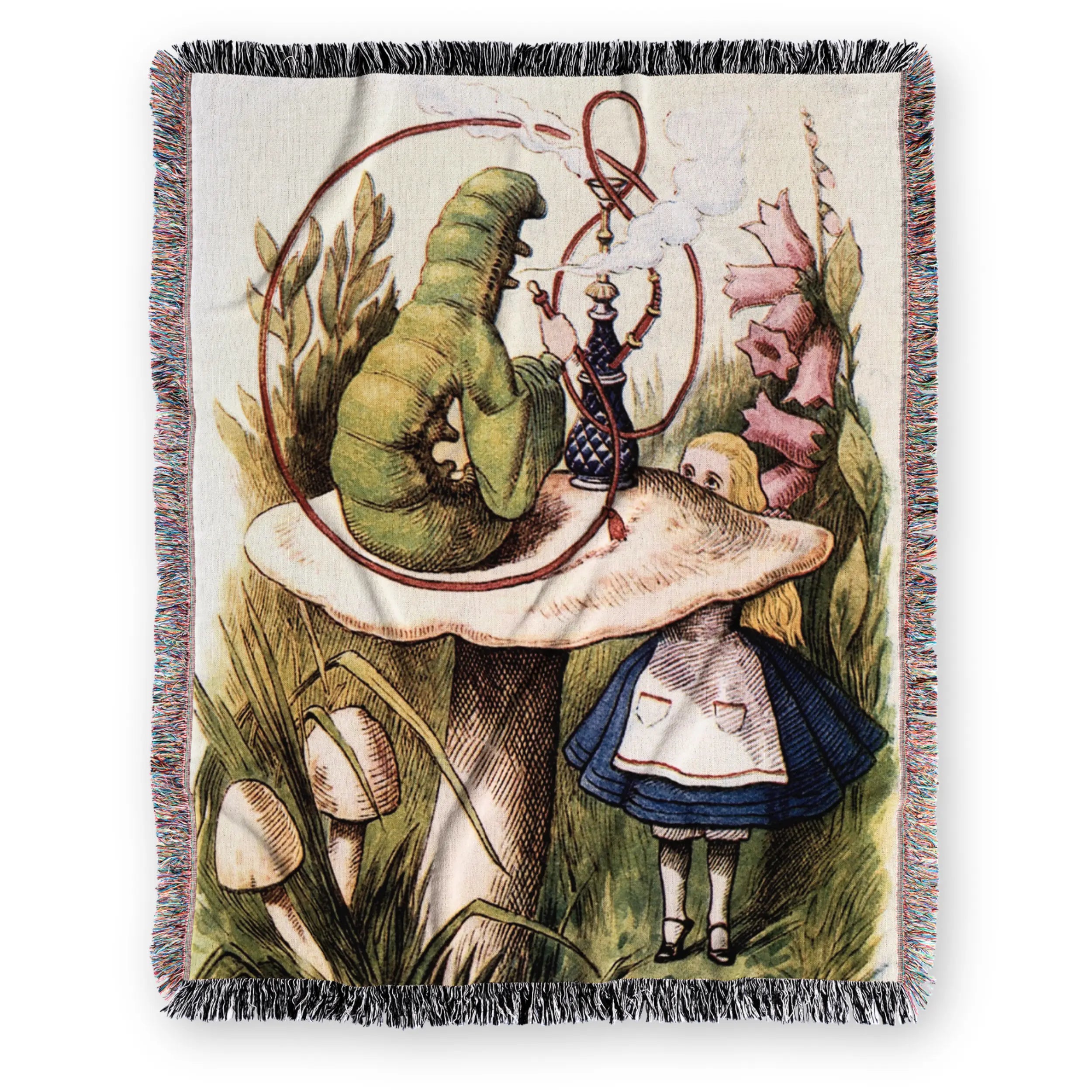 Alice & Caterpillar Storybook Woven Blanket – Vintage Illustration Art Printify