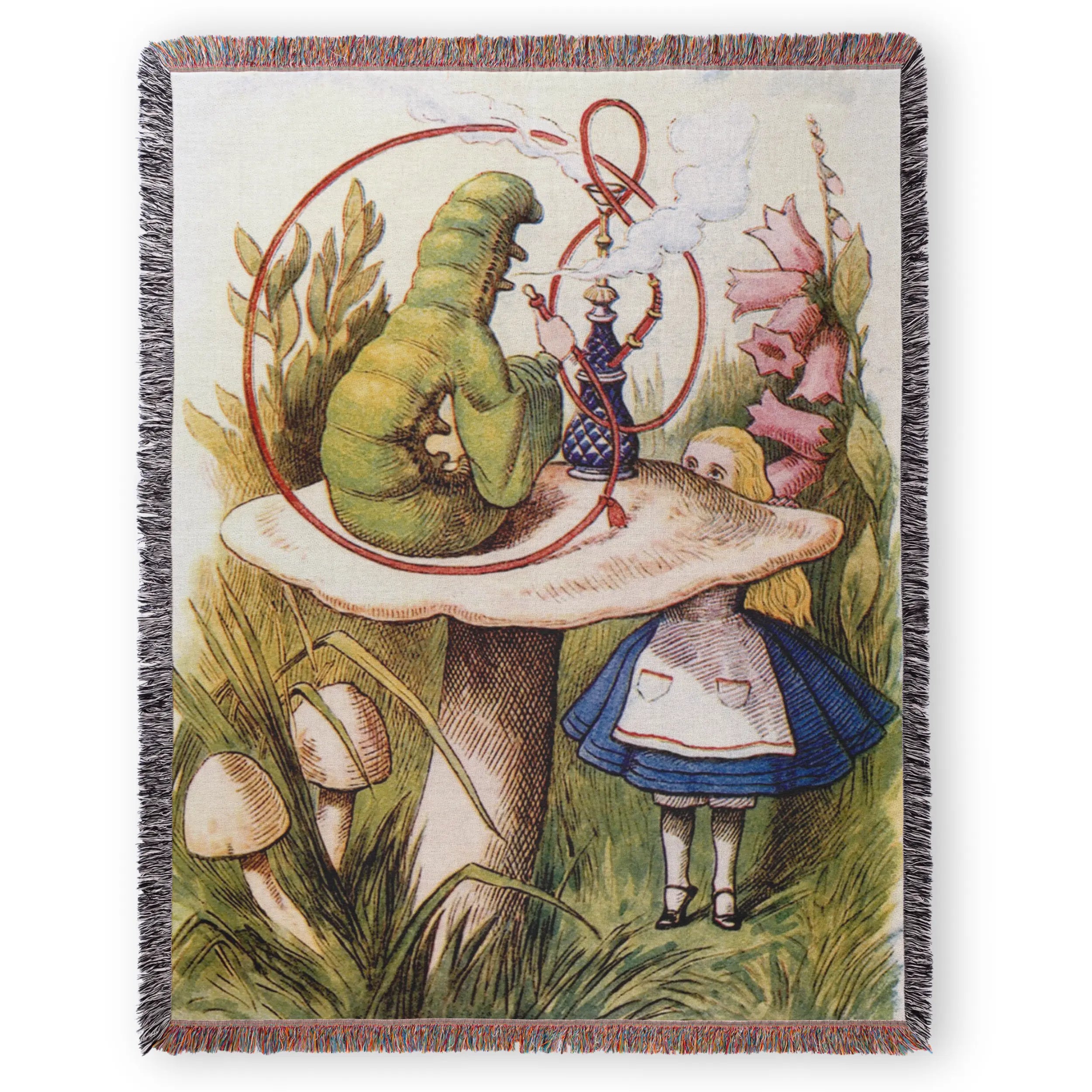 Alice & Caterpillar Storybook Woven Blanket – Vintage Illustration Art Printify
