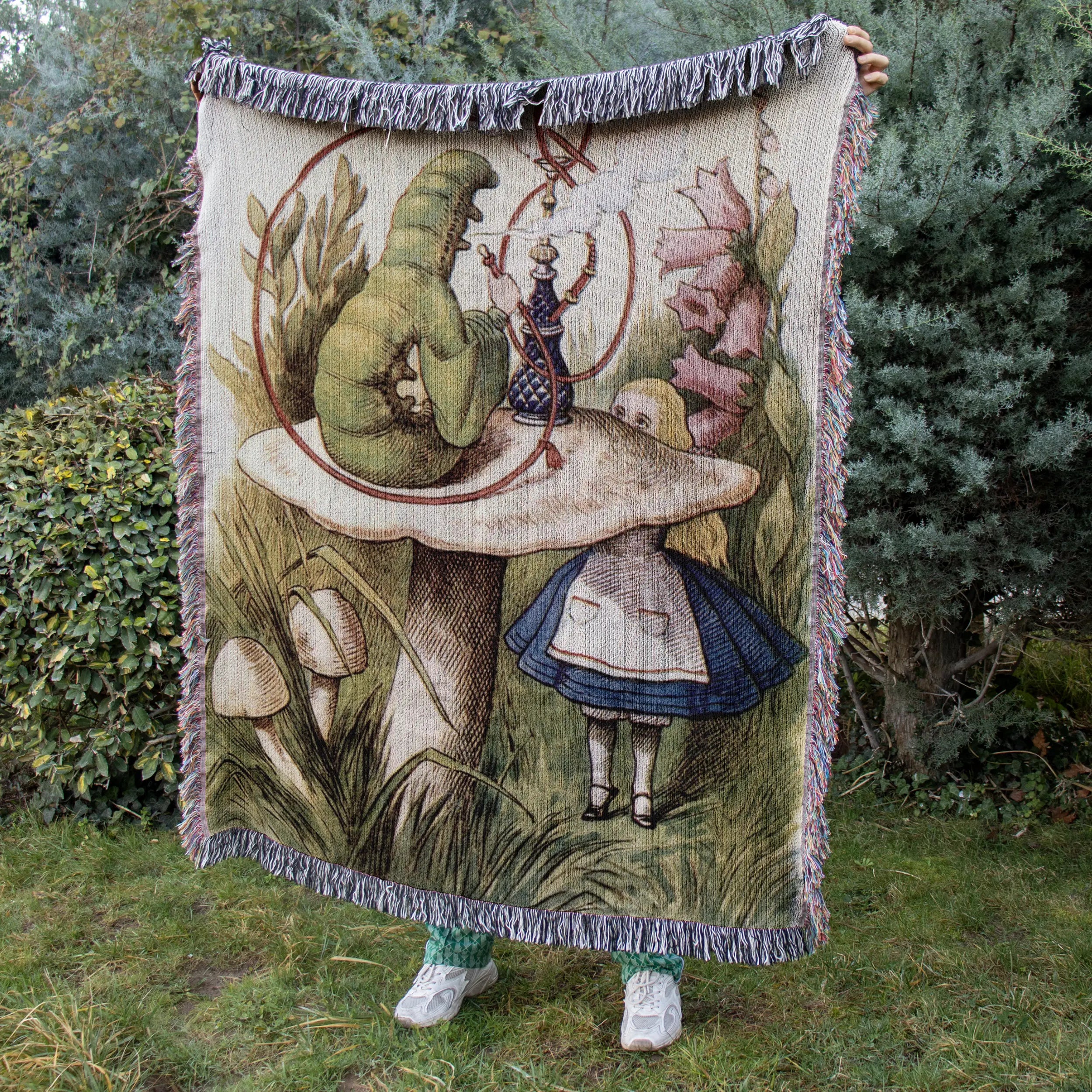 Alice & Caterpillar Storybook Woven Blanket – Vintage Illustration Art Printify