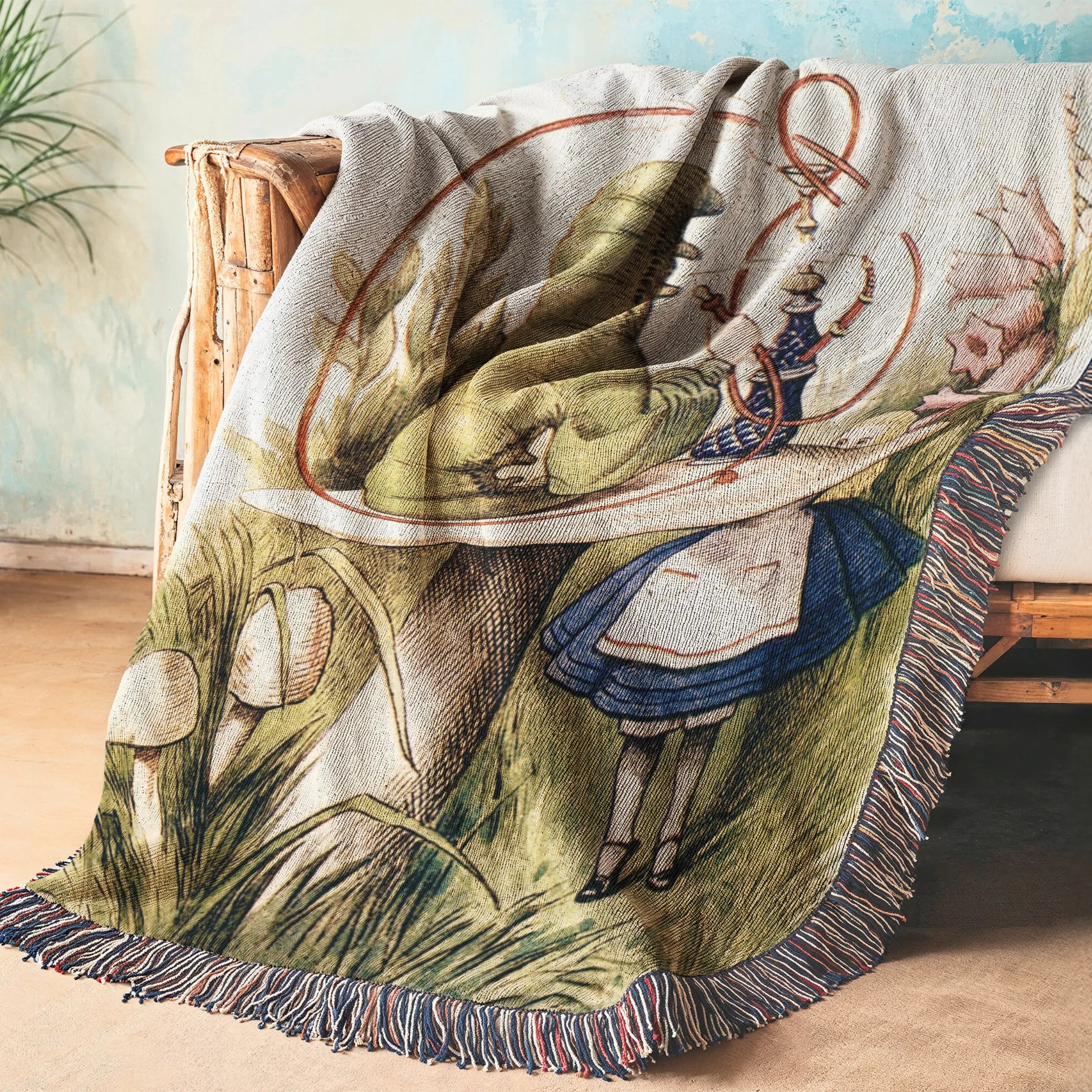 Alice & Caterpillar Storybook Woven Blanket – Vintage Illustration Art Printify