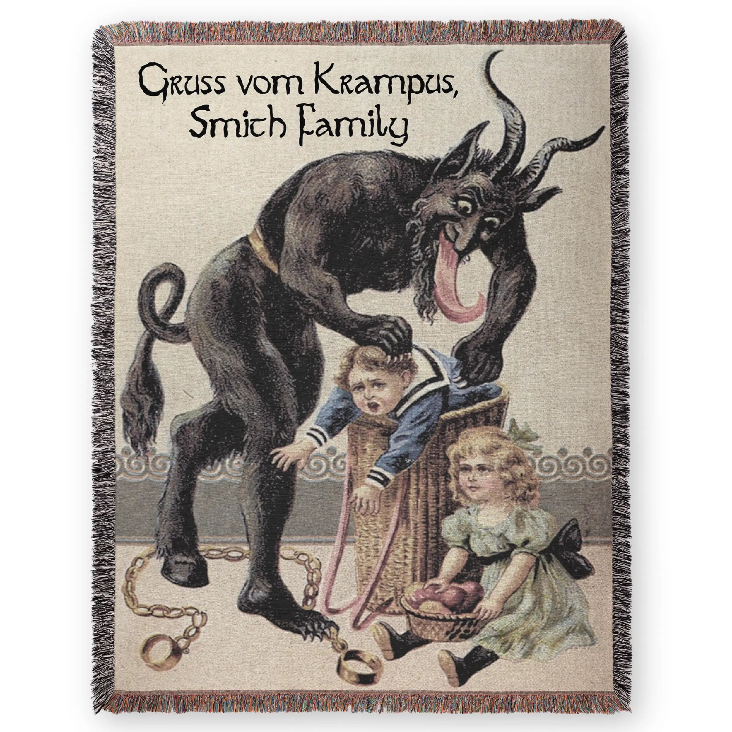 Greetings From Krampus Personalized Woven Blanket – Vintage Folklore Holiday Throw Printify