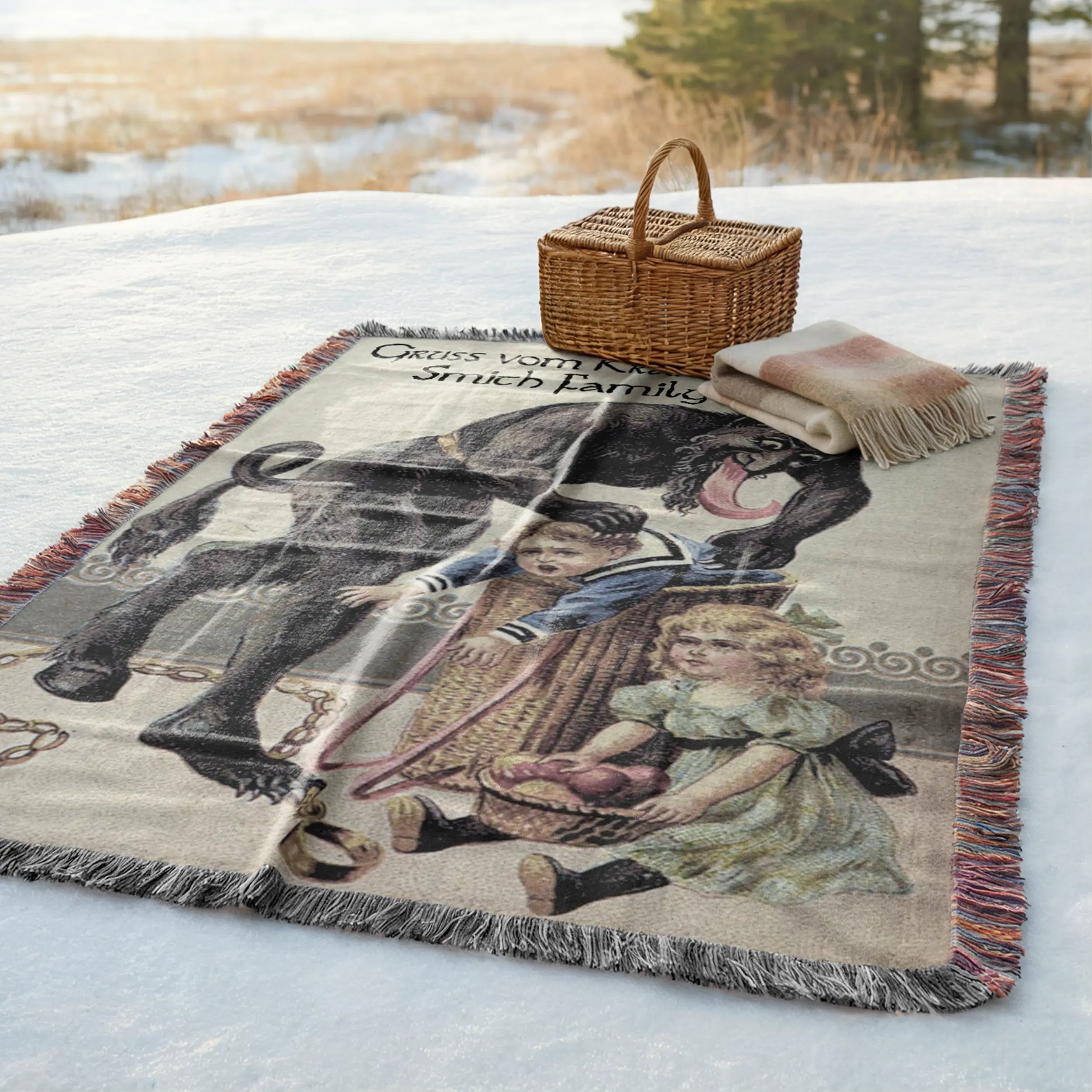 Greetings From Krampus Personalized Woven Blanket – Vintage Folklore Holiday Throw Printify