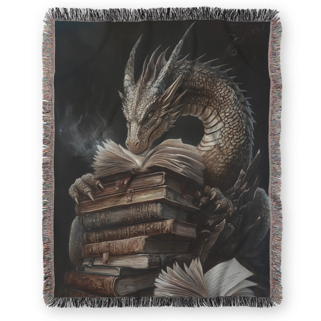 Book Dragon Woven Blanket – Fantasy Art Throw for Readers & Dreamers Printify