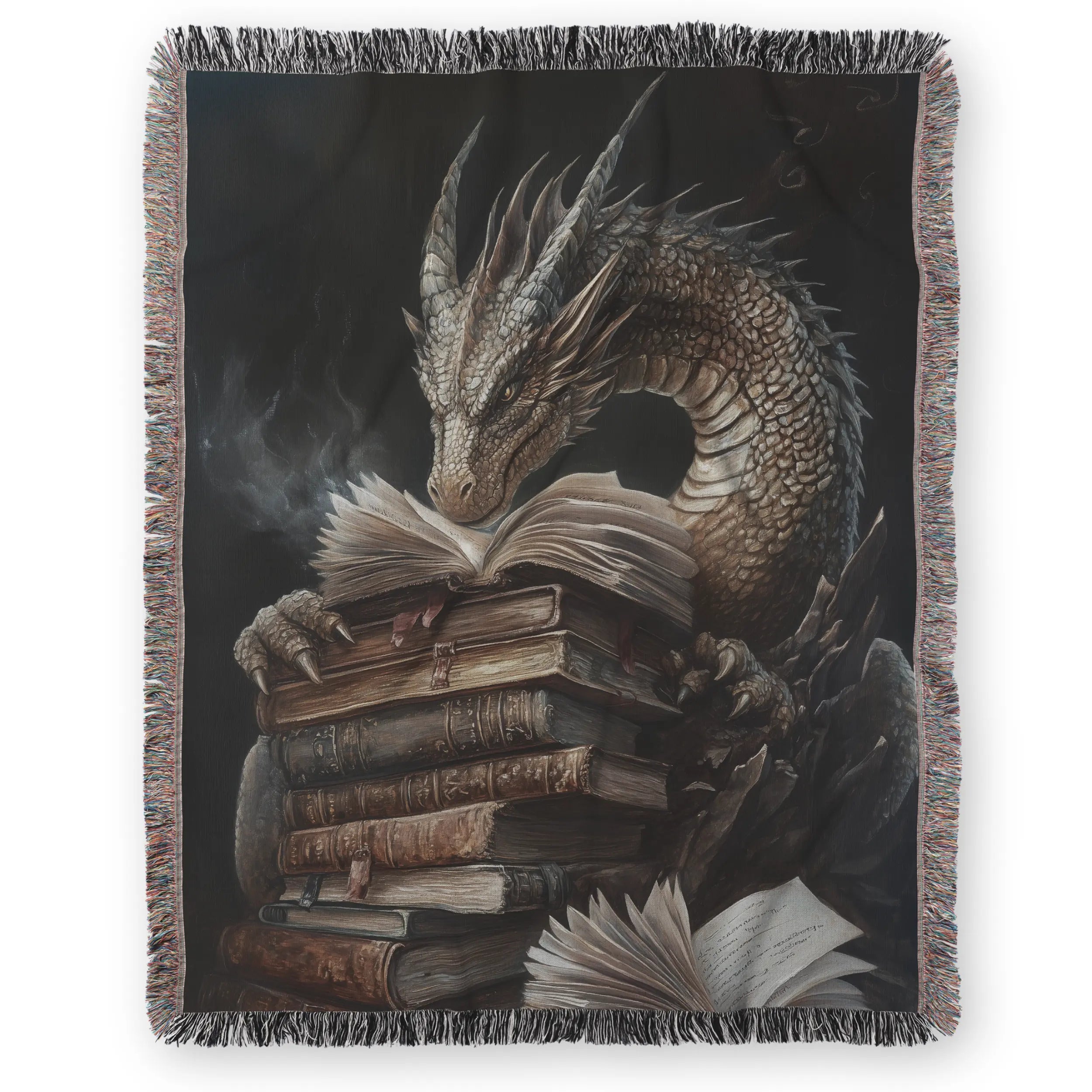 Book Dragon Woven Blanket – Fantasy Art Throw for Readers & Dreamers Printify