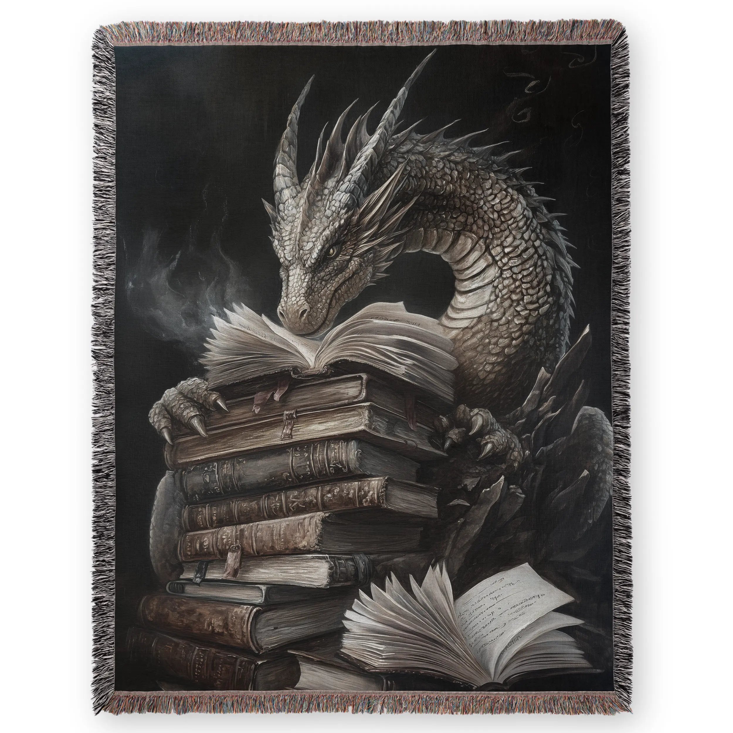 Book Dragon Woven Blanket – Fantasy Art Throw for Readers & Dreamers Printify
