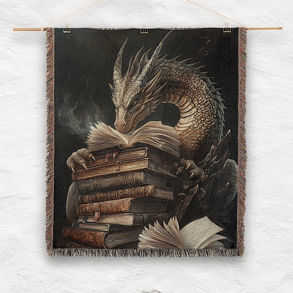 Book Dragon Woven Blanket – Fantasy Art Throw for Readers & Dreamers Printify