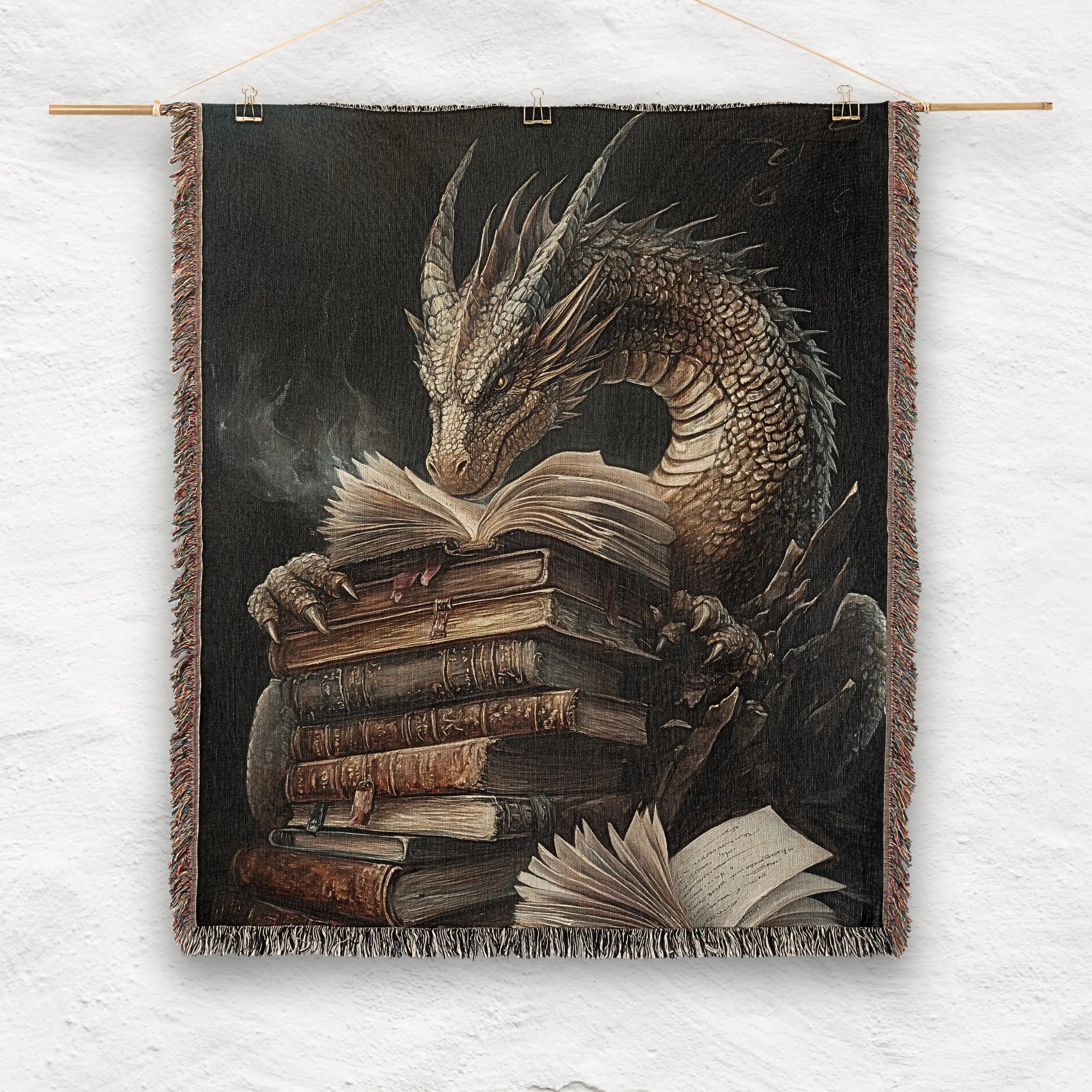 Book Dragon Woven Blanket – Fantasy Art Throw for Readers & Dreamers Printify