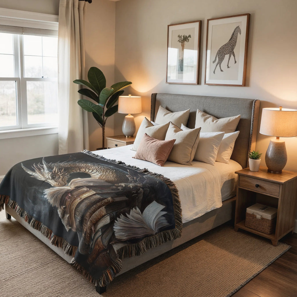 Book Dragon Woven Blanket – Fantasy Art Throw for Readers & Dreamers Printify