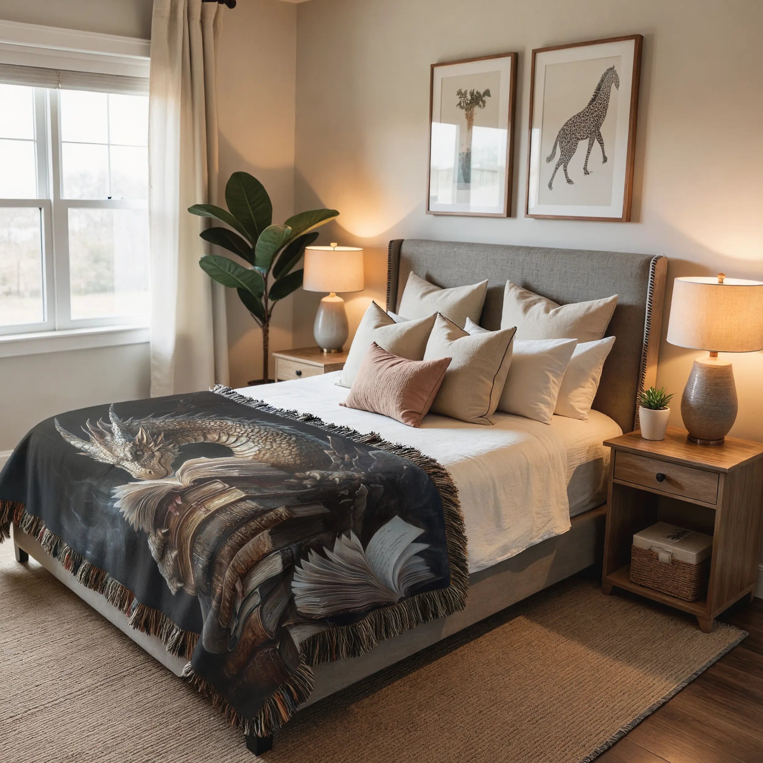 Book Dragon Woven Blanket – Fantasy Art Throw for Readers & Dreamers Printify