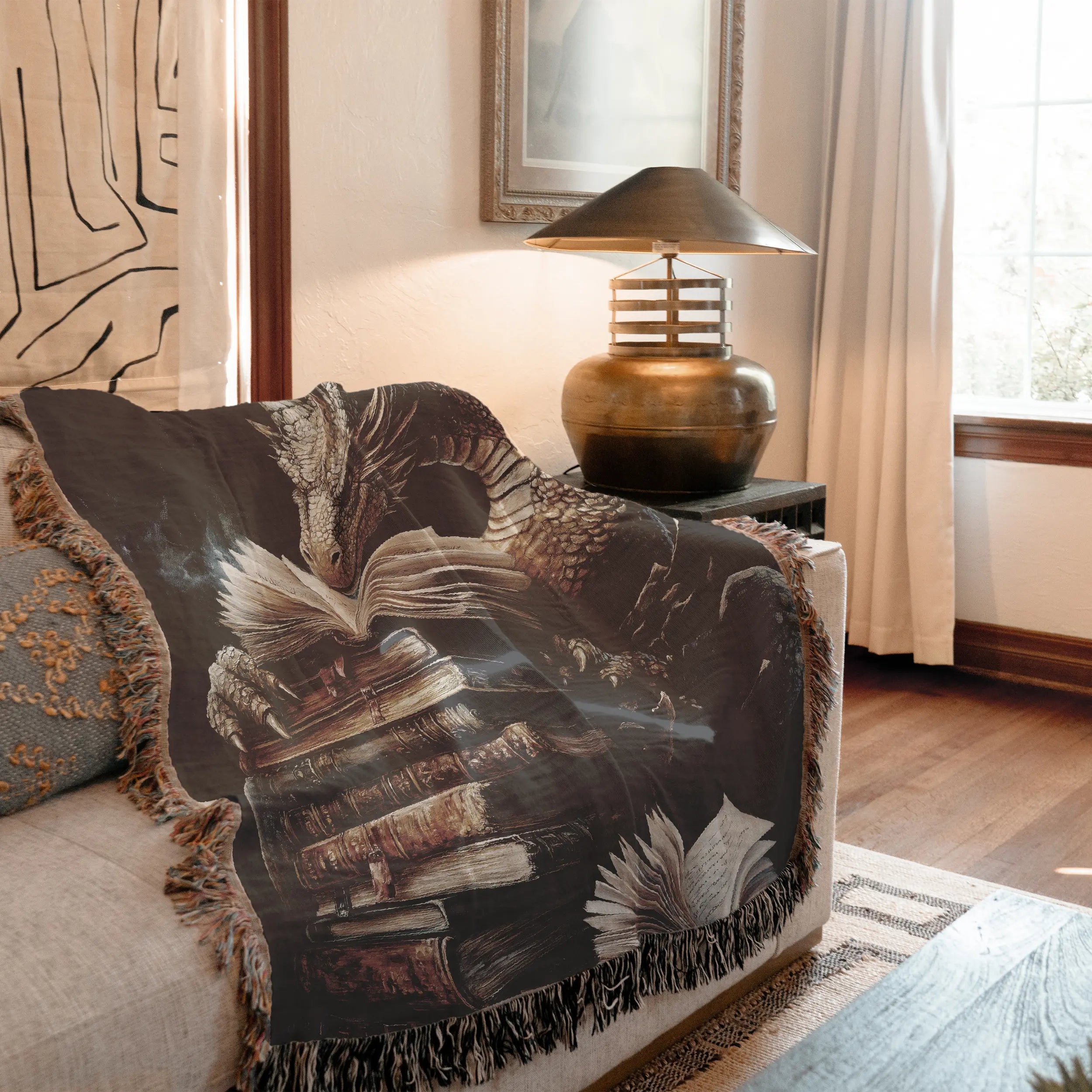 Book Dragon Woven Blanket – Fantasy Art Throw for Readers & Dreamers Printify