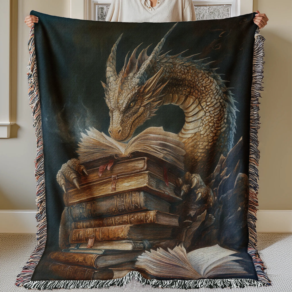 Book Dragon Woven Blanket – Fantasy Art Throw for Readers & Dreamers Printify