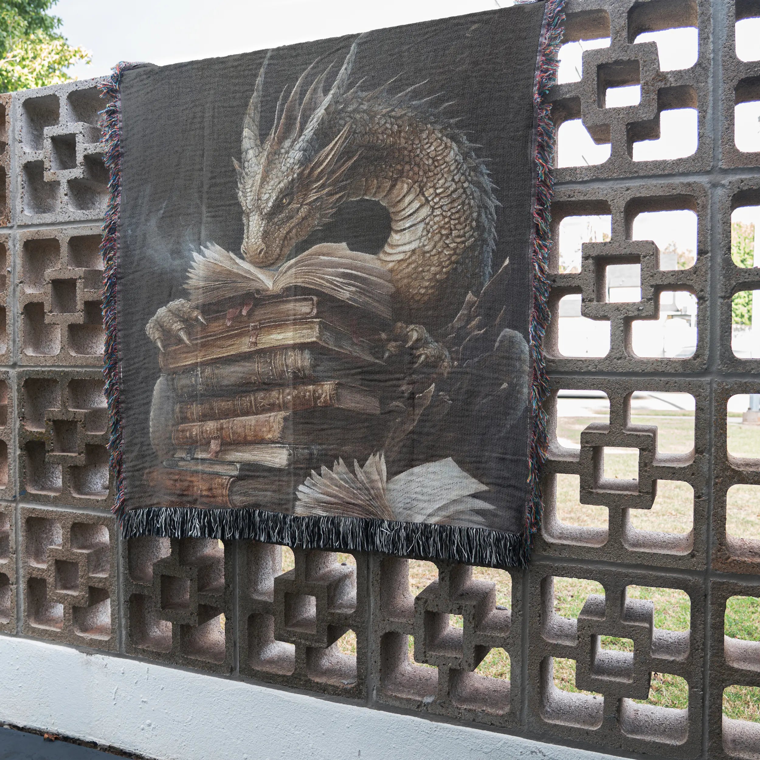Book Dragon Woven Blanket – Fantasy Art Throw for Readers & Dreamers Printify