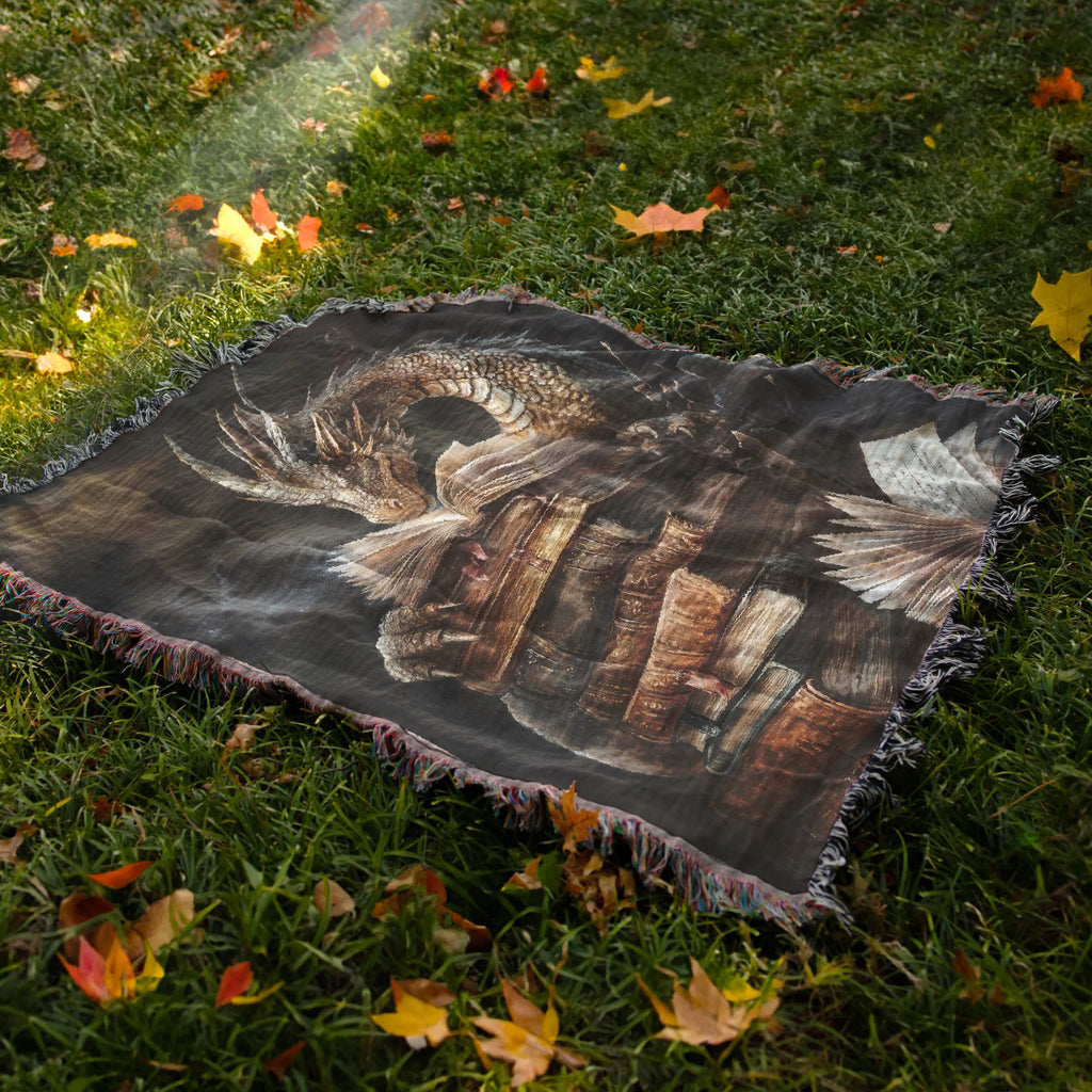 Book Dragon Woven Blanket – Fantasy Art Throw for Readers & Dreamers Printify