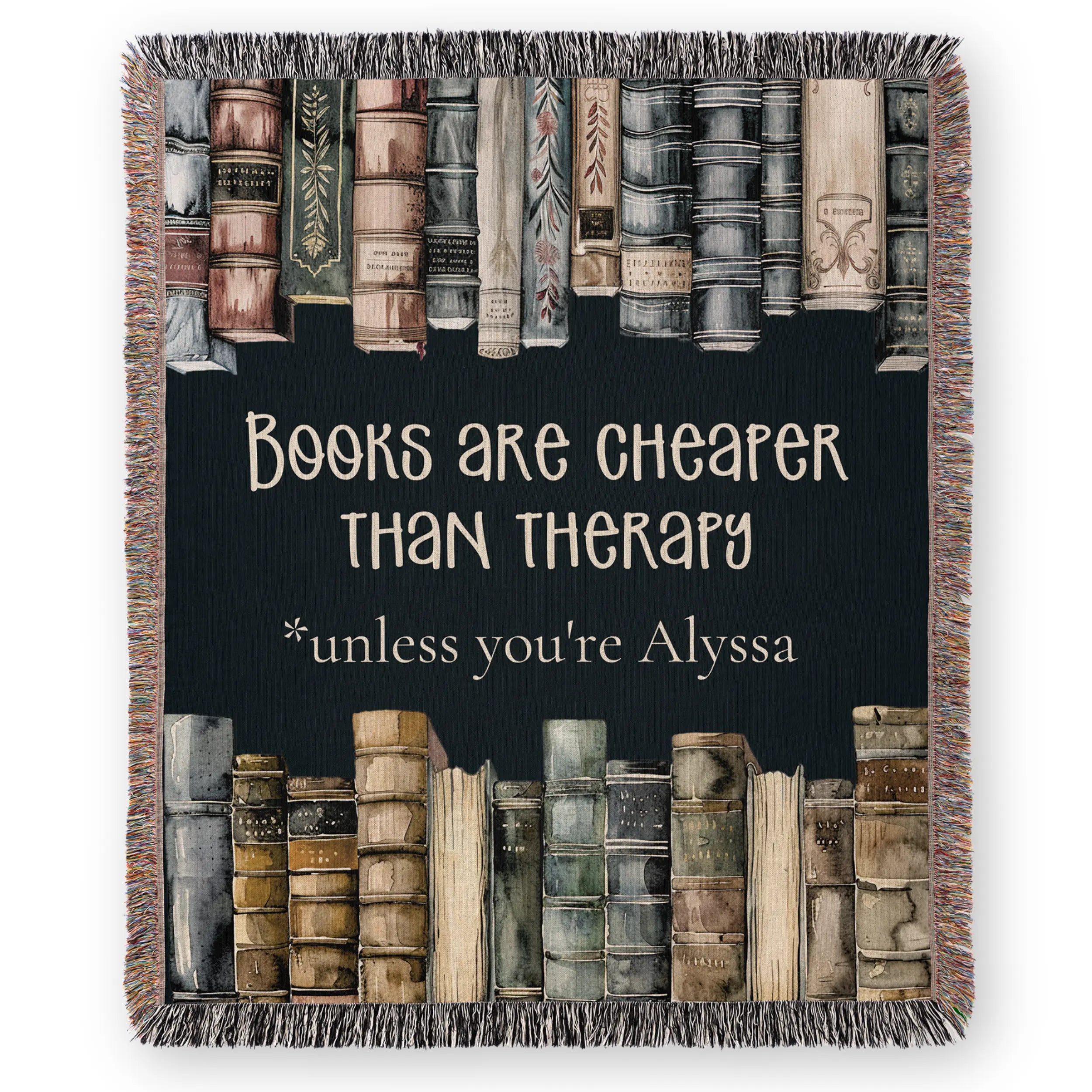 Book Blanket – Personalized 'Books Are Cheaper Than Therapy' Woven Throw Printify