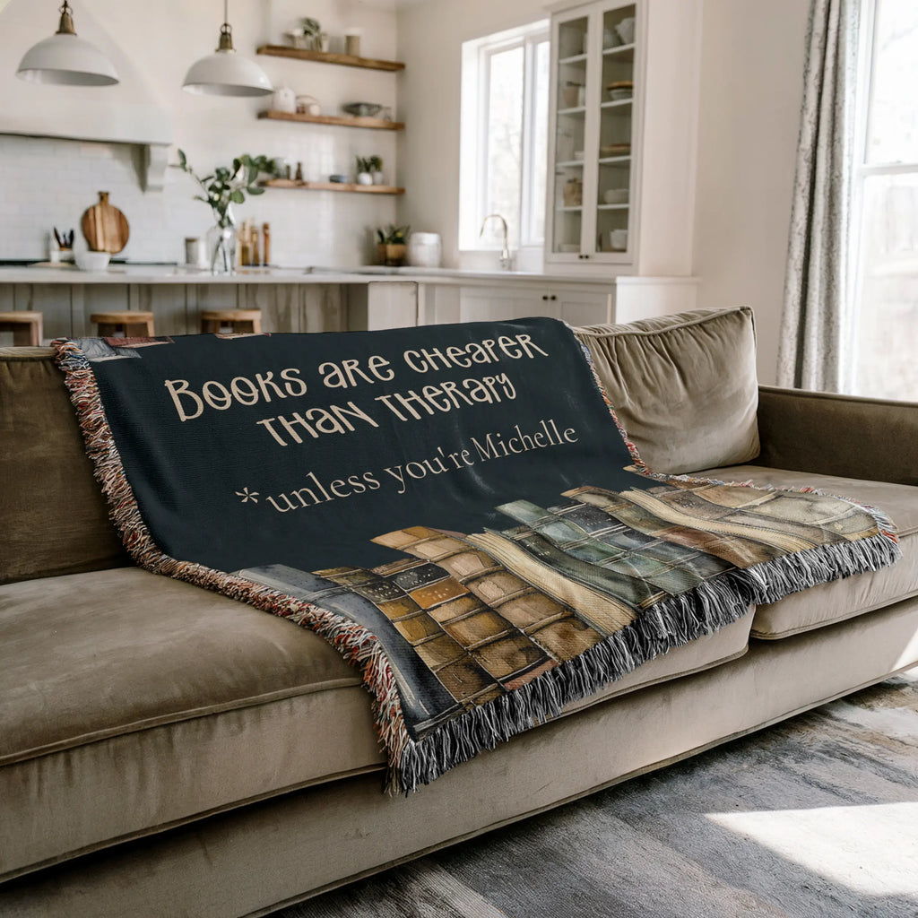 Book Blanket – Personalized 'Books Are Cheaper Than Therapy' Woven Throw Printify