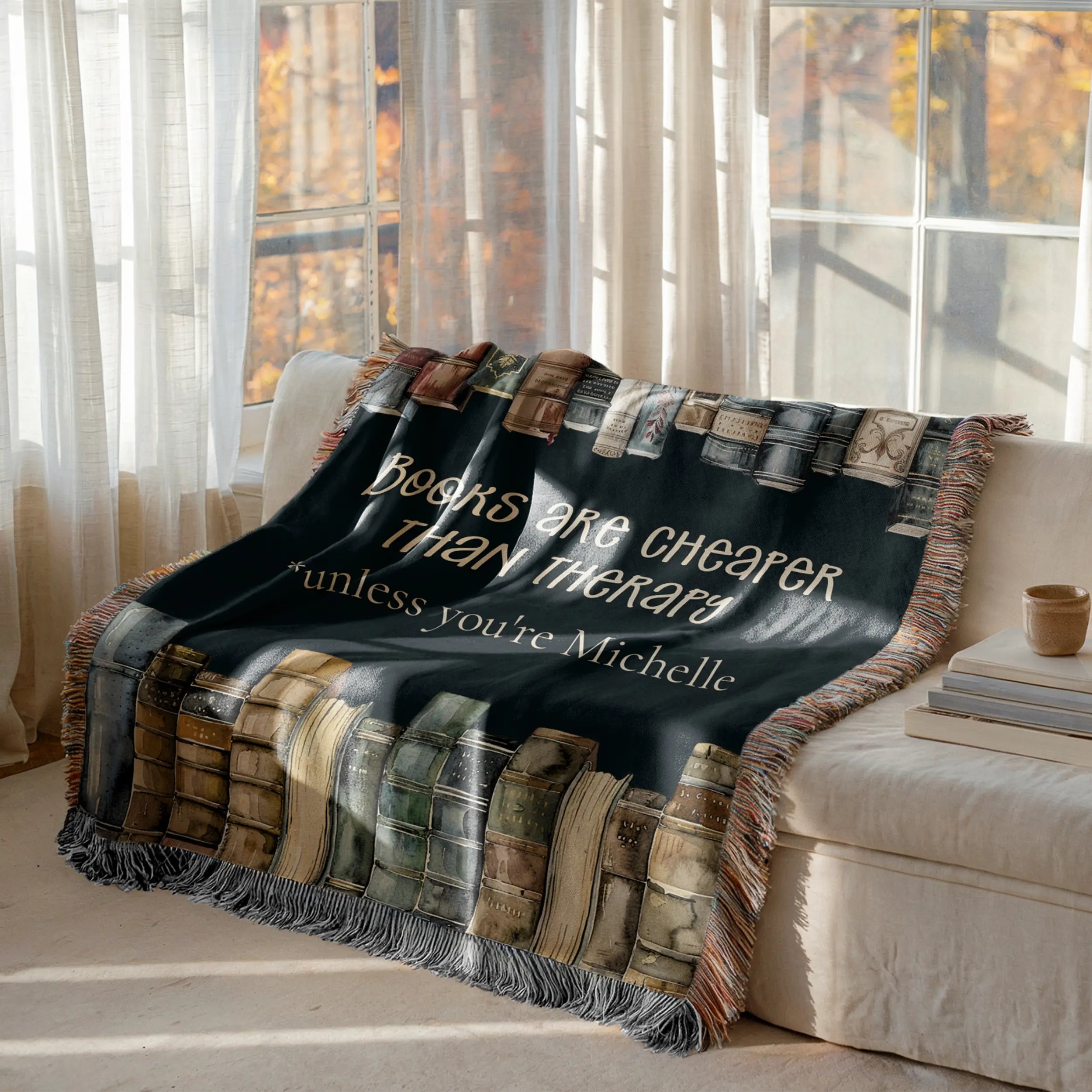 Book Blanket – Personalized 'Books Are Cheaper Than Therapy' Woven Throw Printify