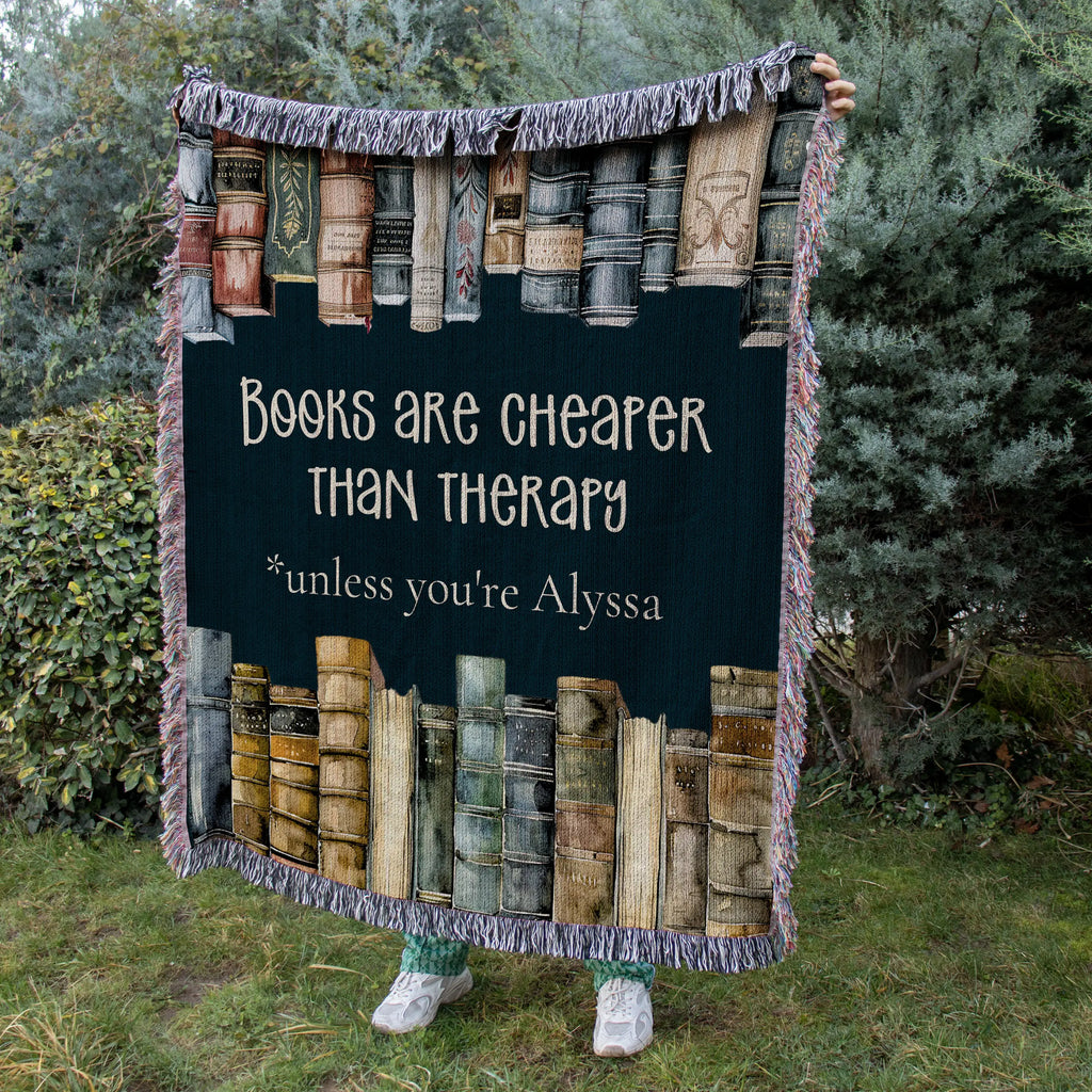 Book Blanket – Personalized 'Books Are Cheaper Than Therapy' Woven Throw Printify