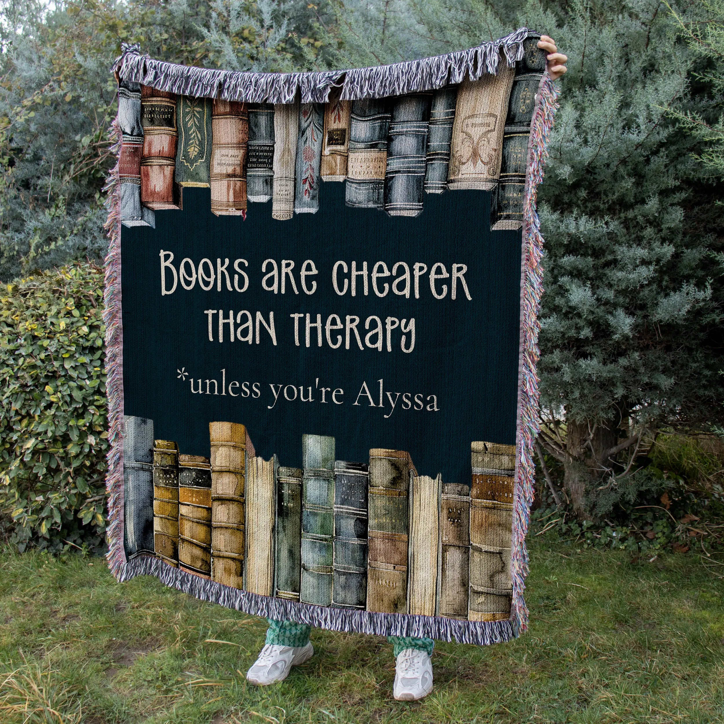Book Blanket – Personalized 'Books Are Cheaper Than Therapy' Woven Throw Printify
