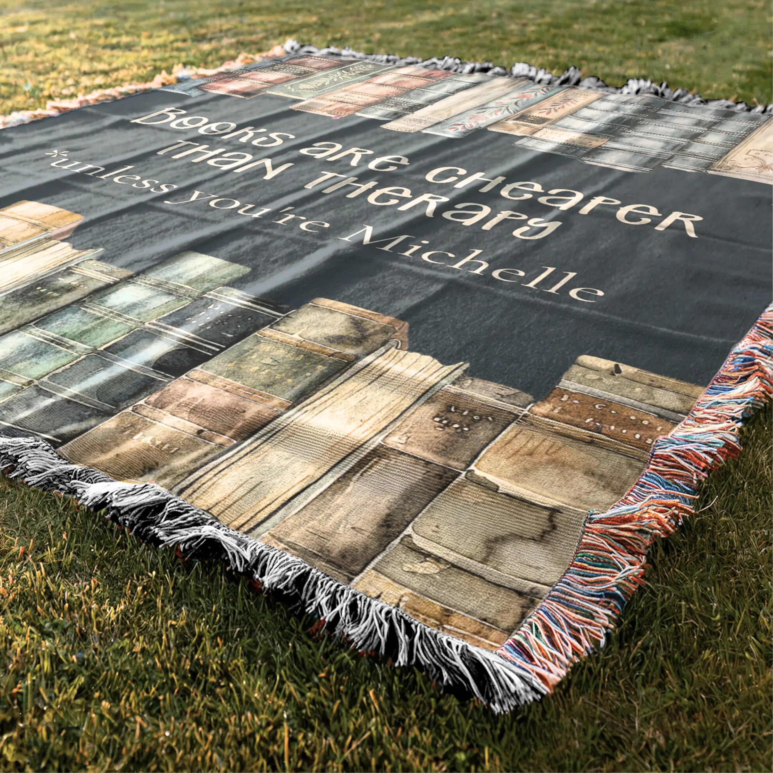 Book Blanket – Personalized 'Books Are Cheaper Than Therapy' Woven Throw Printify