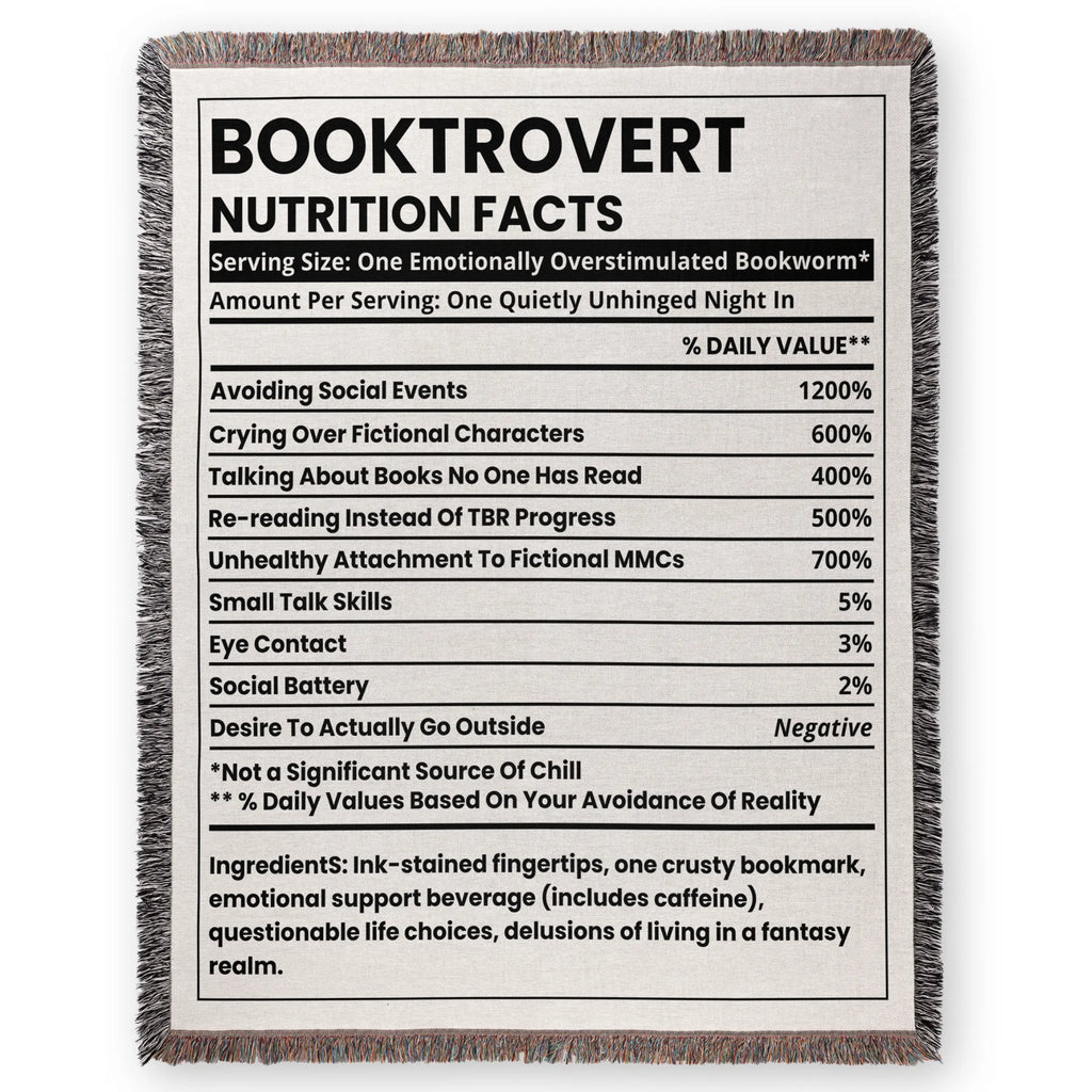 Book Blanket Booktrovert Nutrition Facts Label – Humorous Woven Throw for Readers Printify