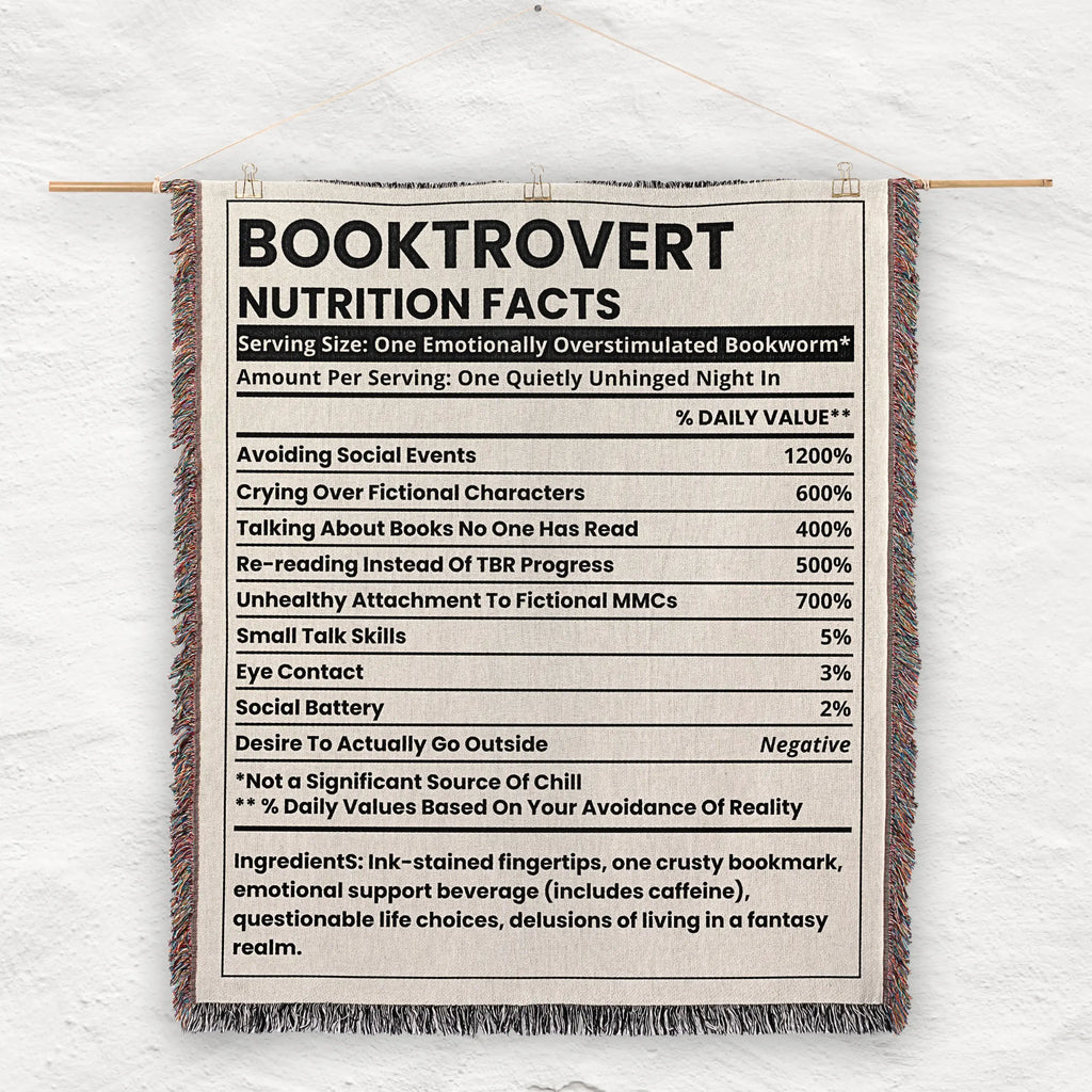 Book Blanket Booktrovert Nutrition Facts Label – Humorous Woven Throw for Readers Printify