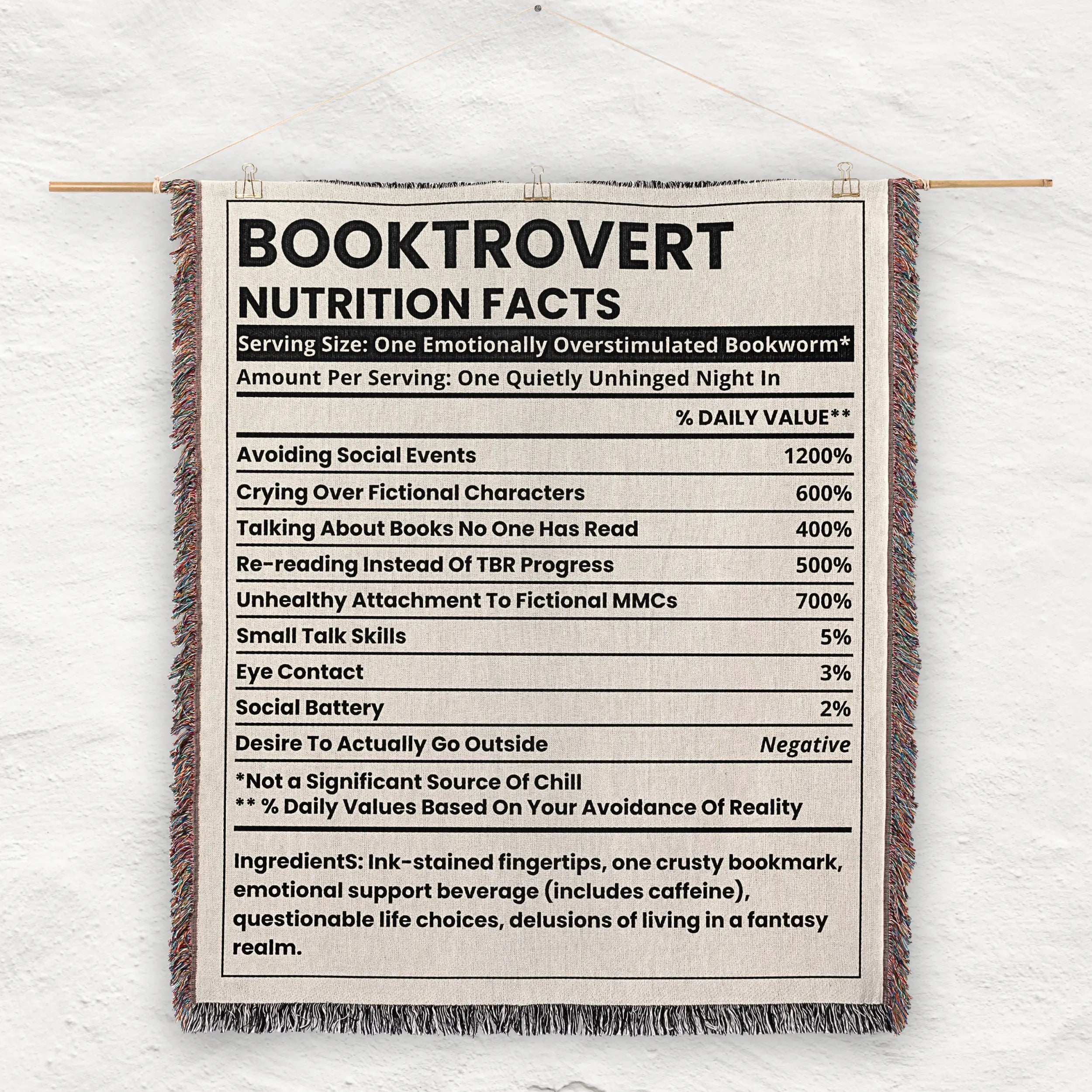 Book Blanket Booktrovert Nutrition Facts Label – Humorous Woven Throw for Readers Printify