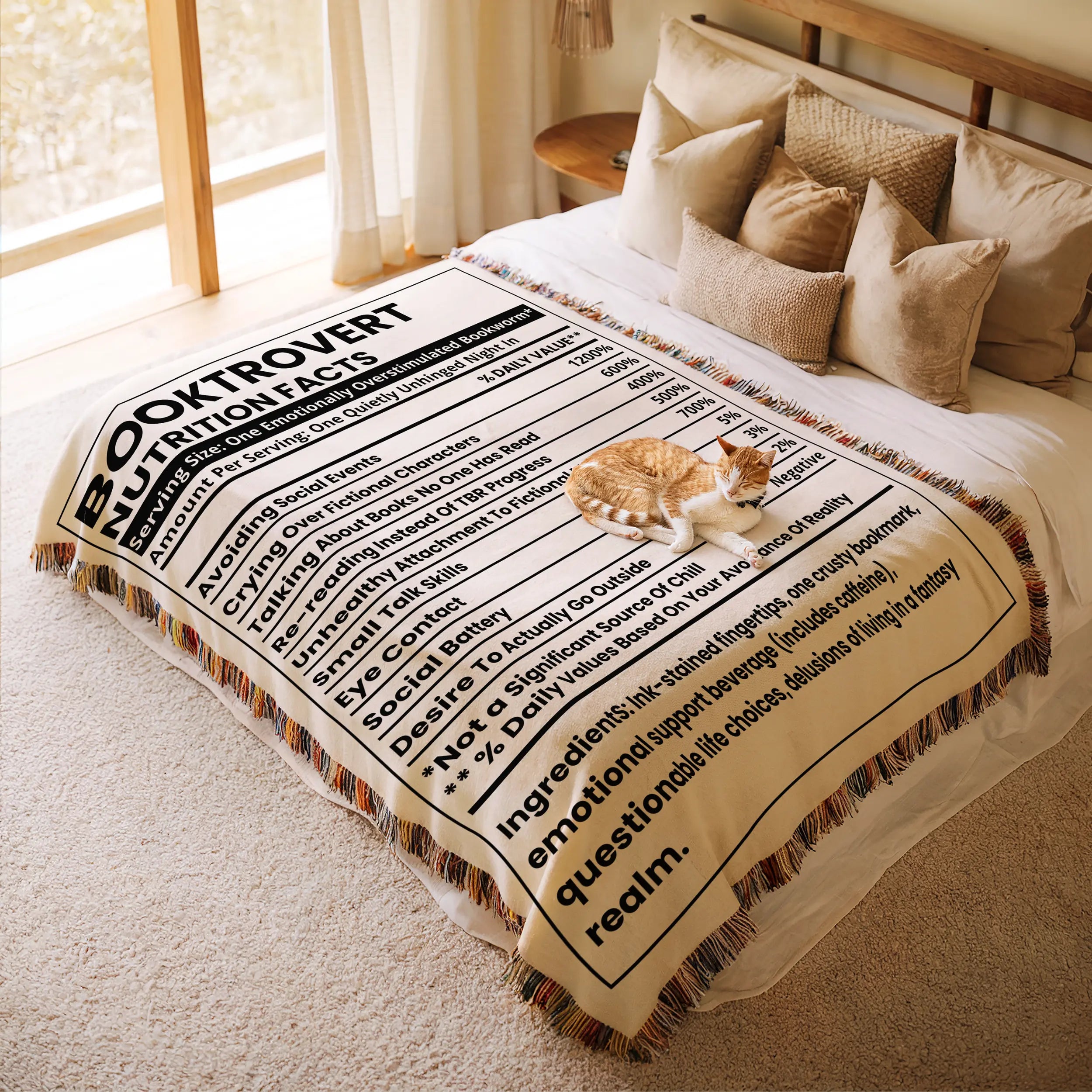 Book Blanket Booktrovert Nutrition Facts Label – Humorous Woven Throw for Readers Printify