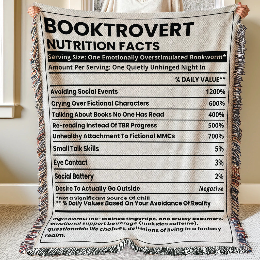 Book Blanket Booktrovert Nutrition Facts Label – Humorous Woven Throw for Readers Printify