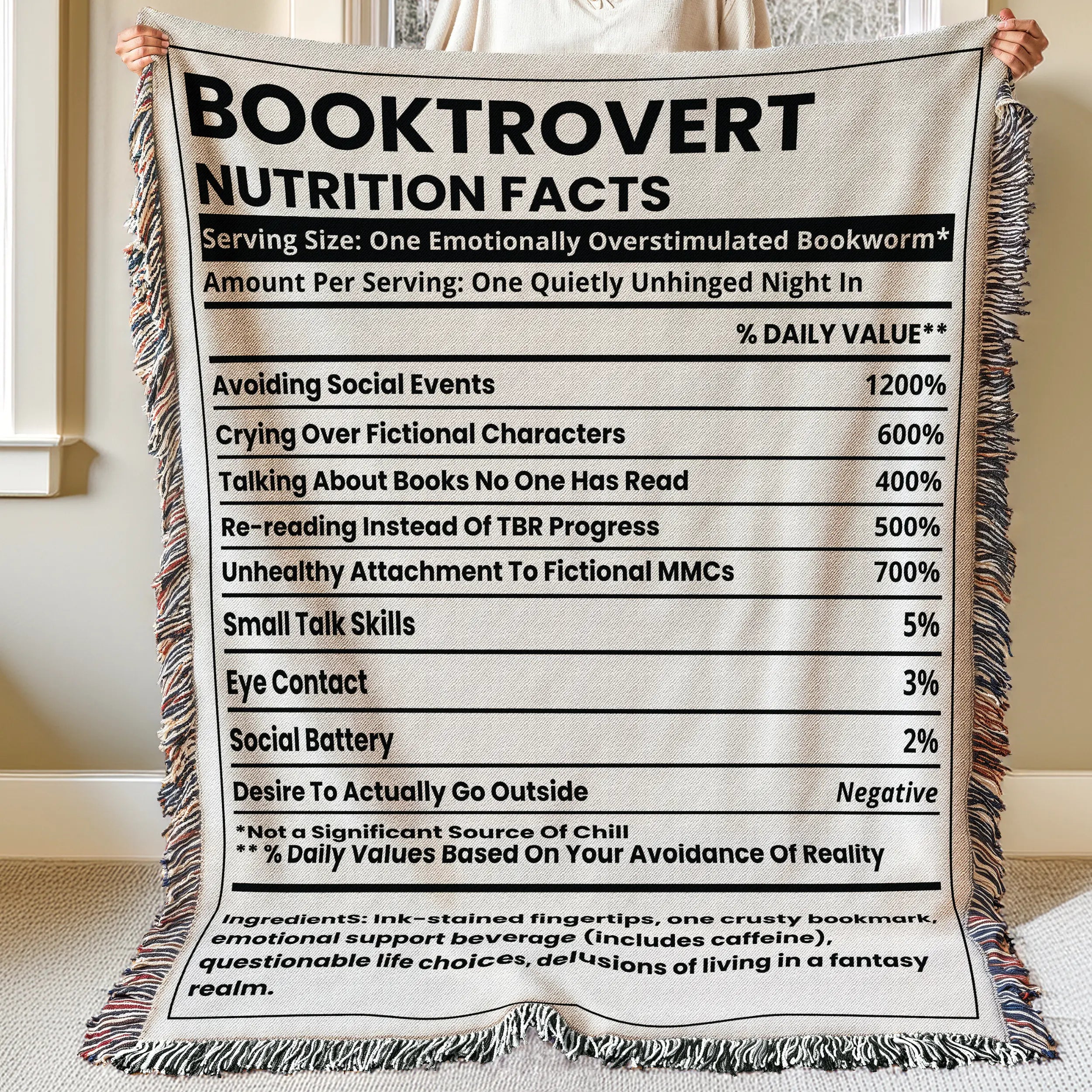 Book Blanket Booktrovert Nutrition Facts Label – Humorous Woven Throw for Readers Printify