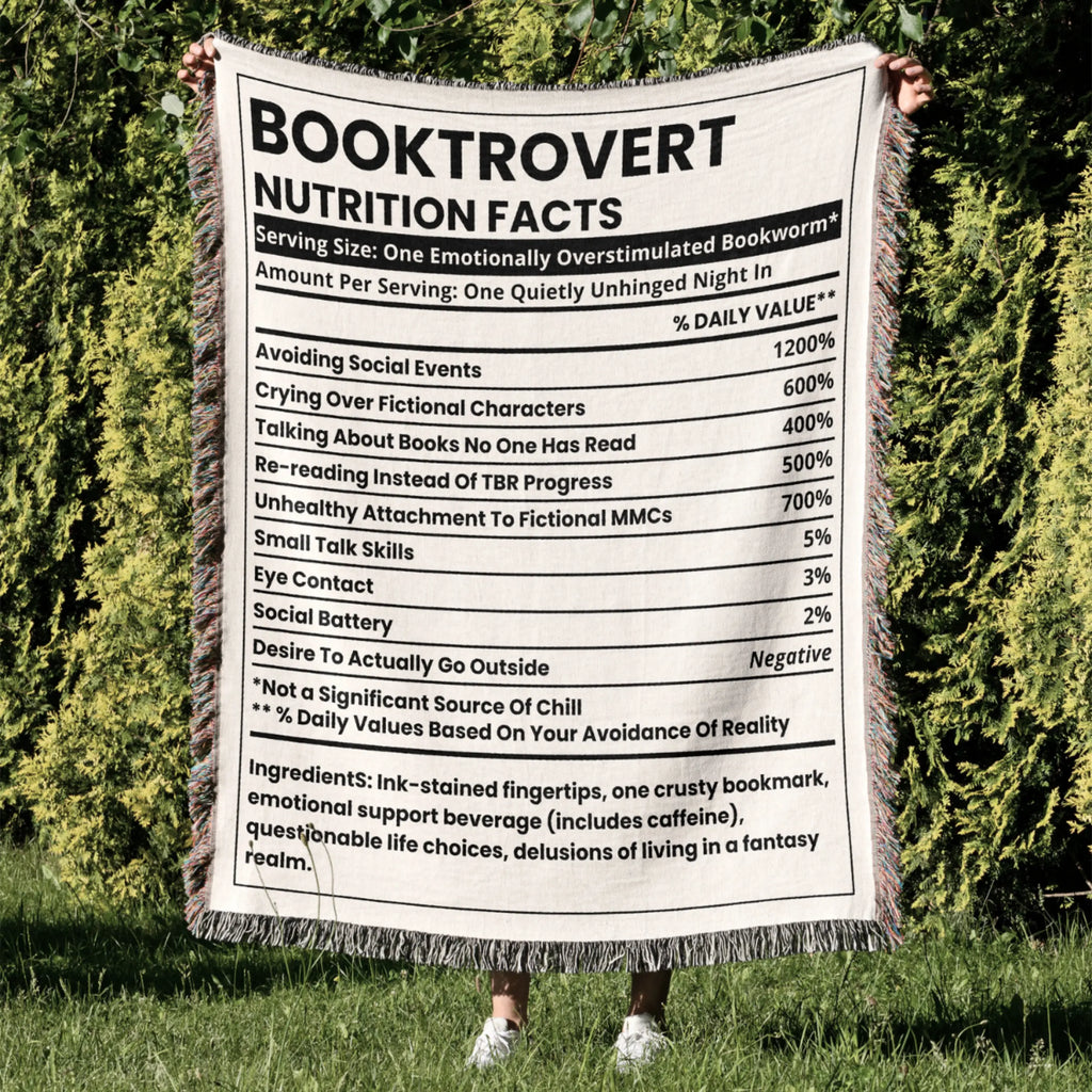 Book Blanket Booktrovert Nutrition Facts Label – Humorous Woven Throw for Readers Printify