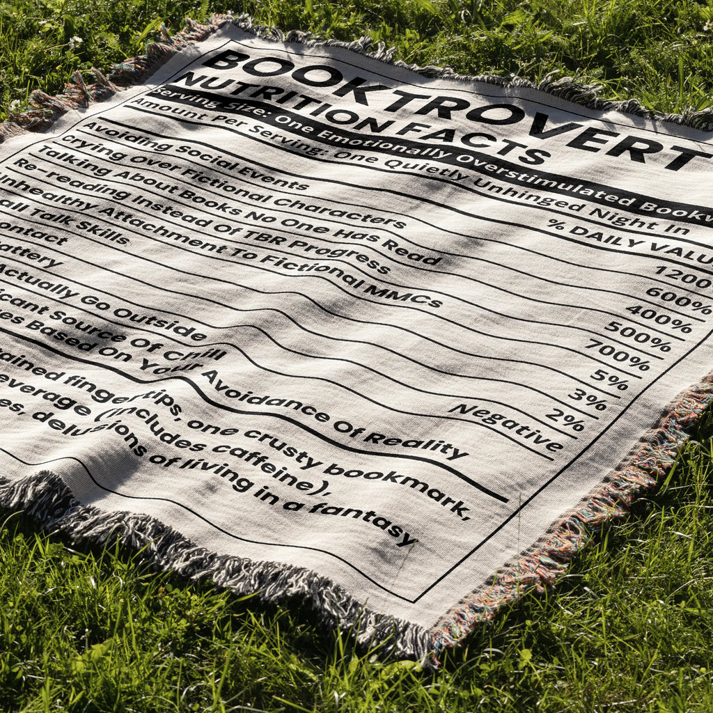 Book Blanket Booktrovert Nutrition Facts Label – Humorous Woven Throw for Readers Printify