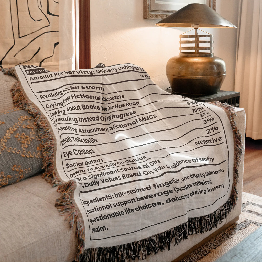 Book Blanket Booktrovert Nutrition Facts Label – Humorous Woven Throw for Readers Printify